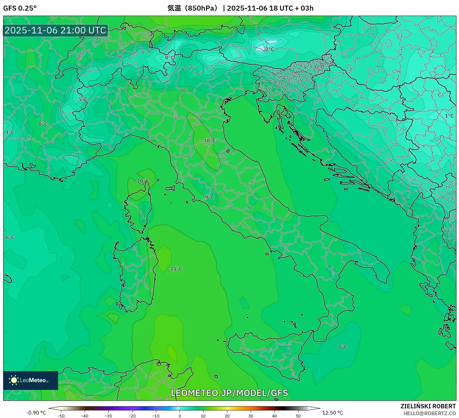 GFS model - イタリア, 気温（850hPa）