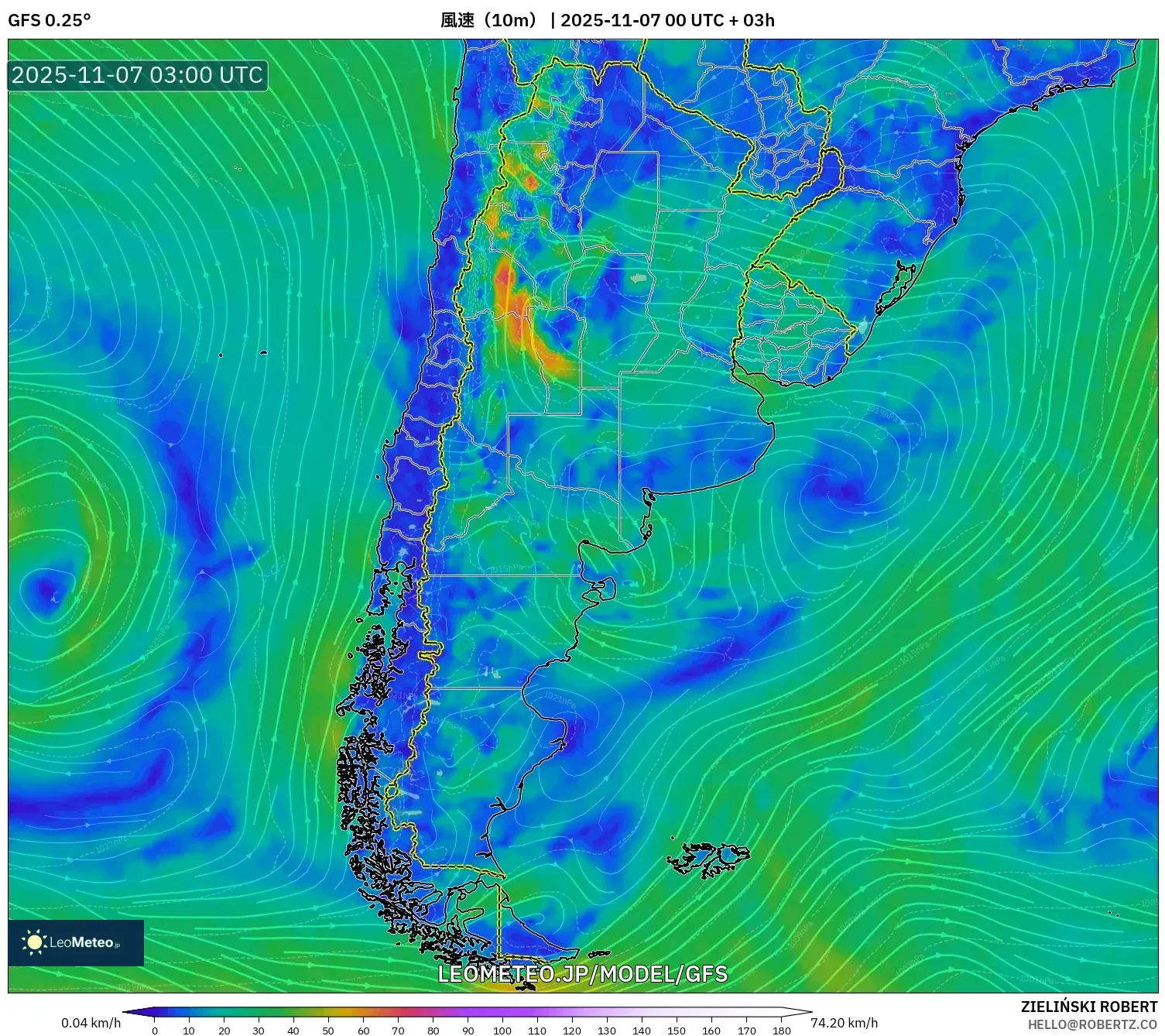 GFS model - アルゼンチン, 風速（10m）