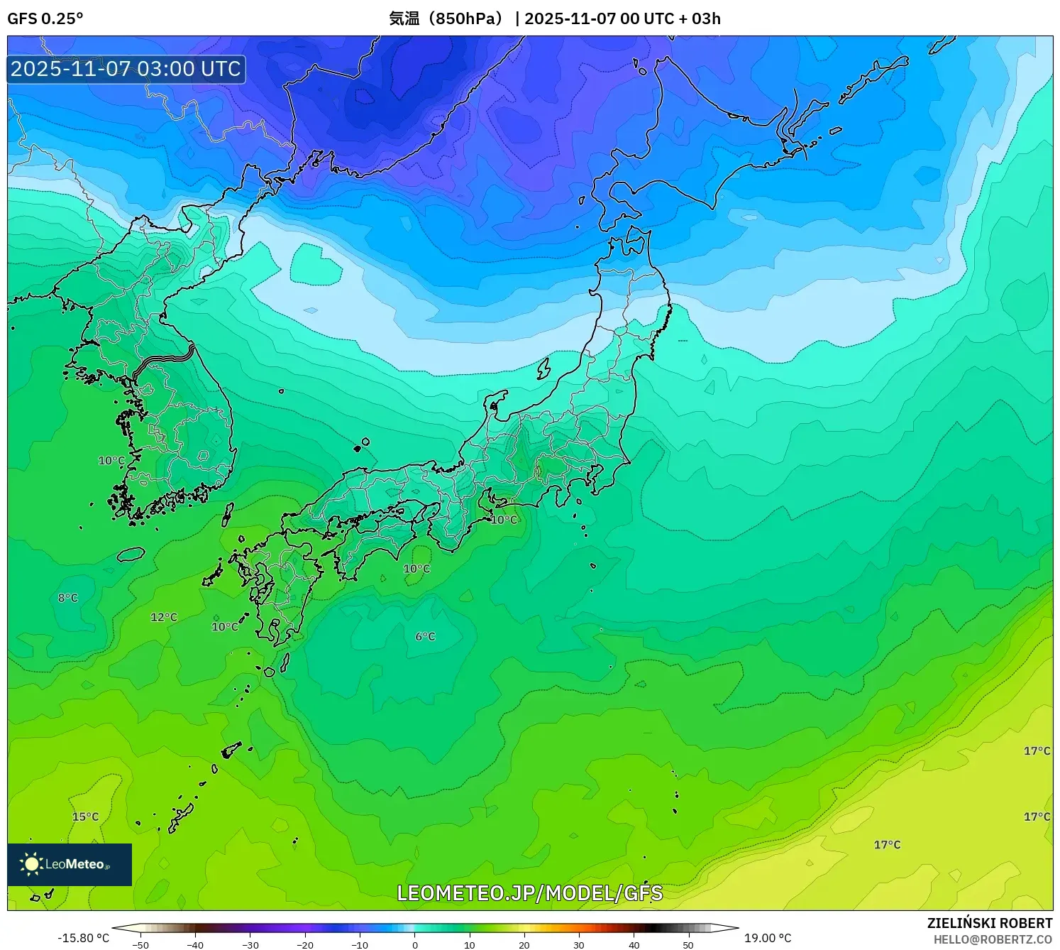 GFS model - 日本, 気温（850hPa）