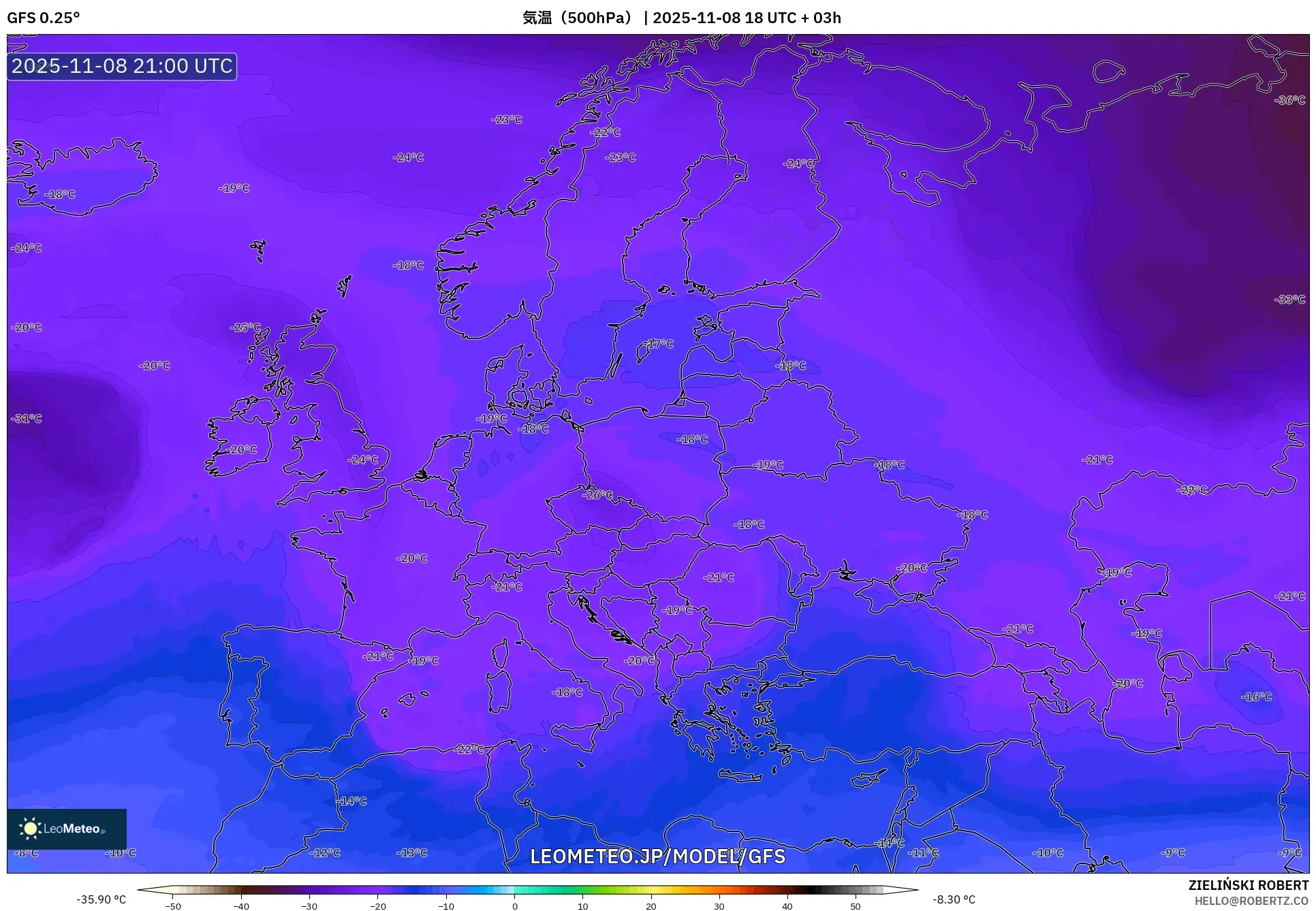GFS model - ヨーロッパ, 気温（500hPa）