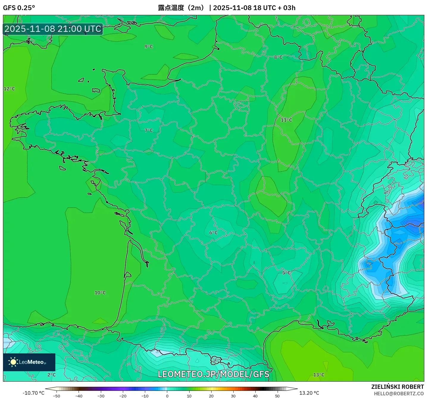 GFS model - フランス, 露点温度（2m）