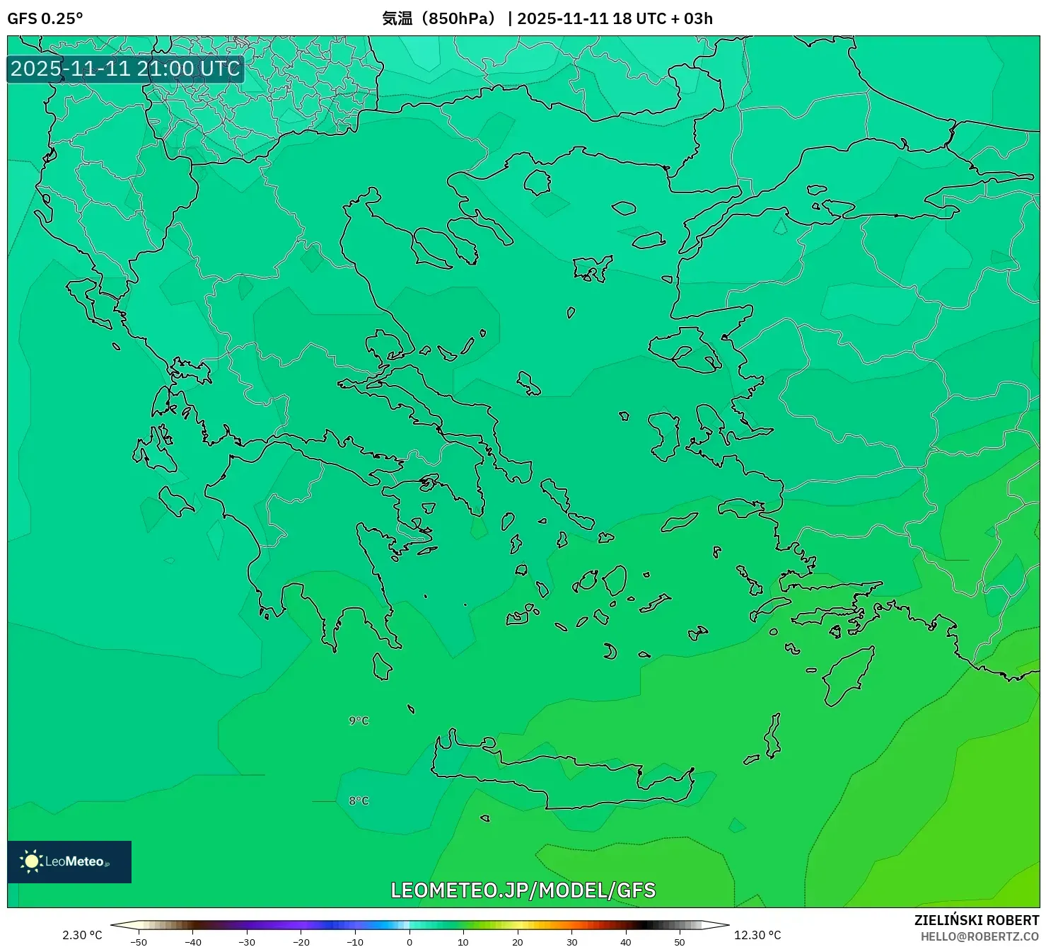 GFS model - ギリシャ, 気温（850hPa）