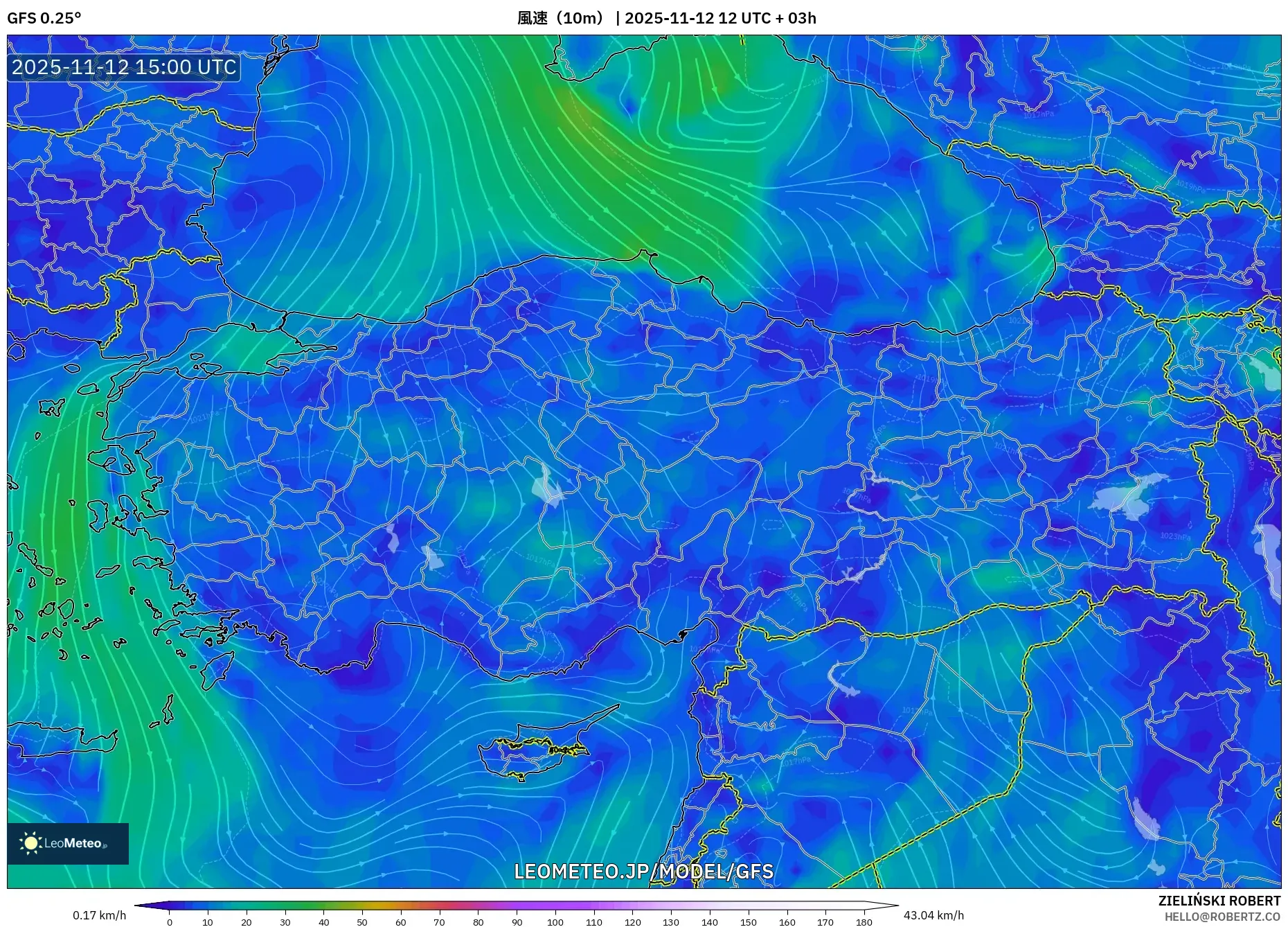 GFS model - トルコ, 風速（10m）