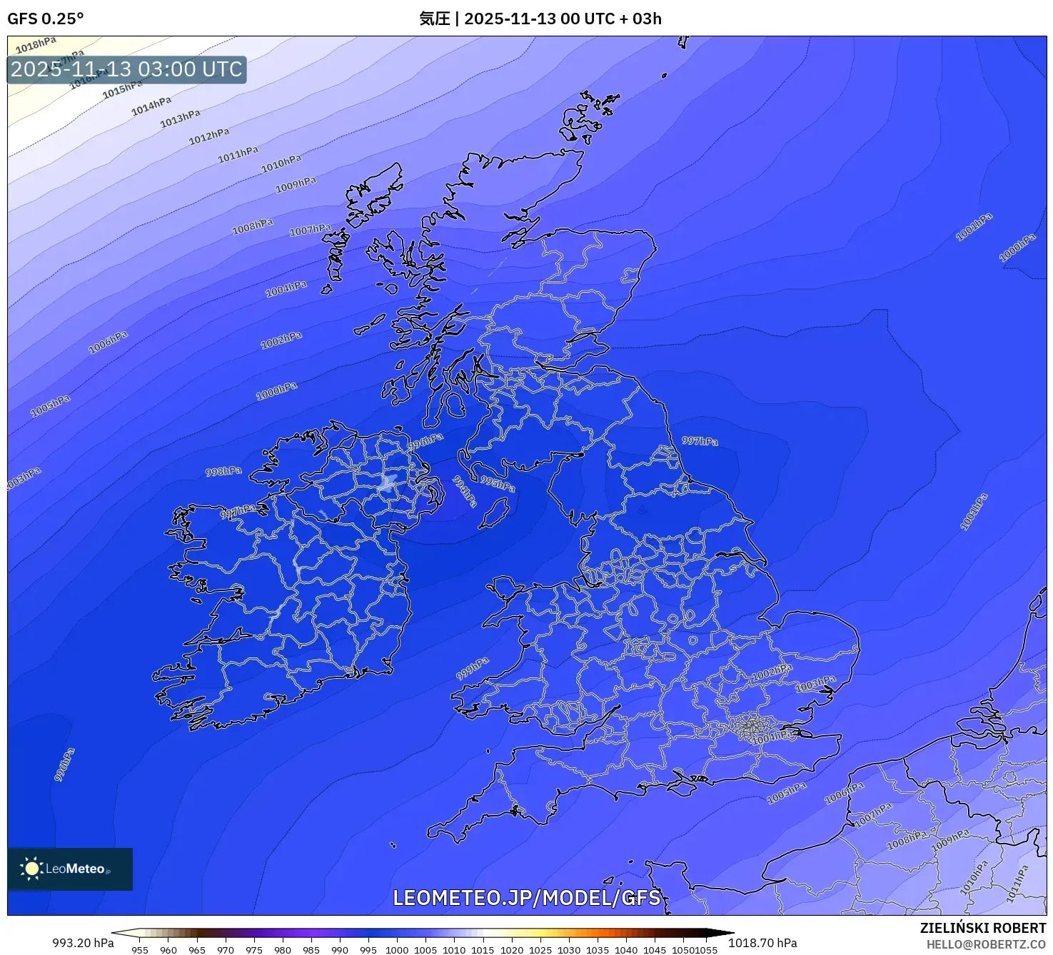 GFS model - イギリス, 気圧