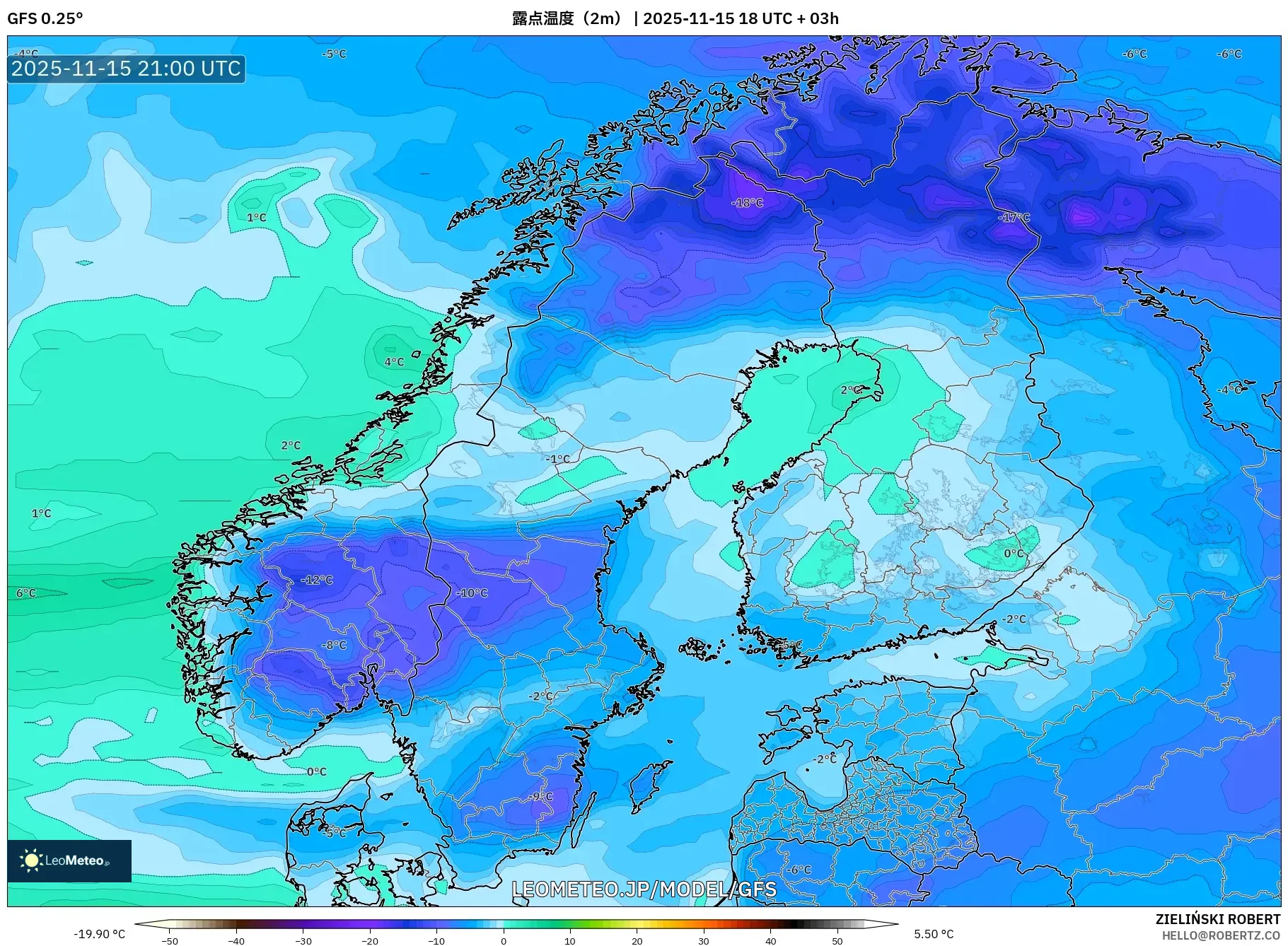 GFS model - スカンジナビア, 露点温度（2m）