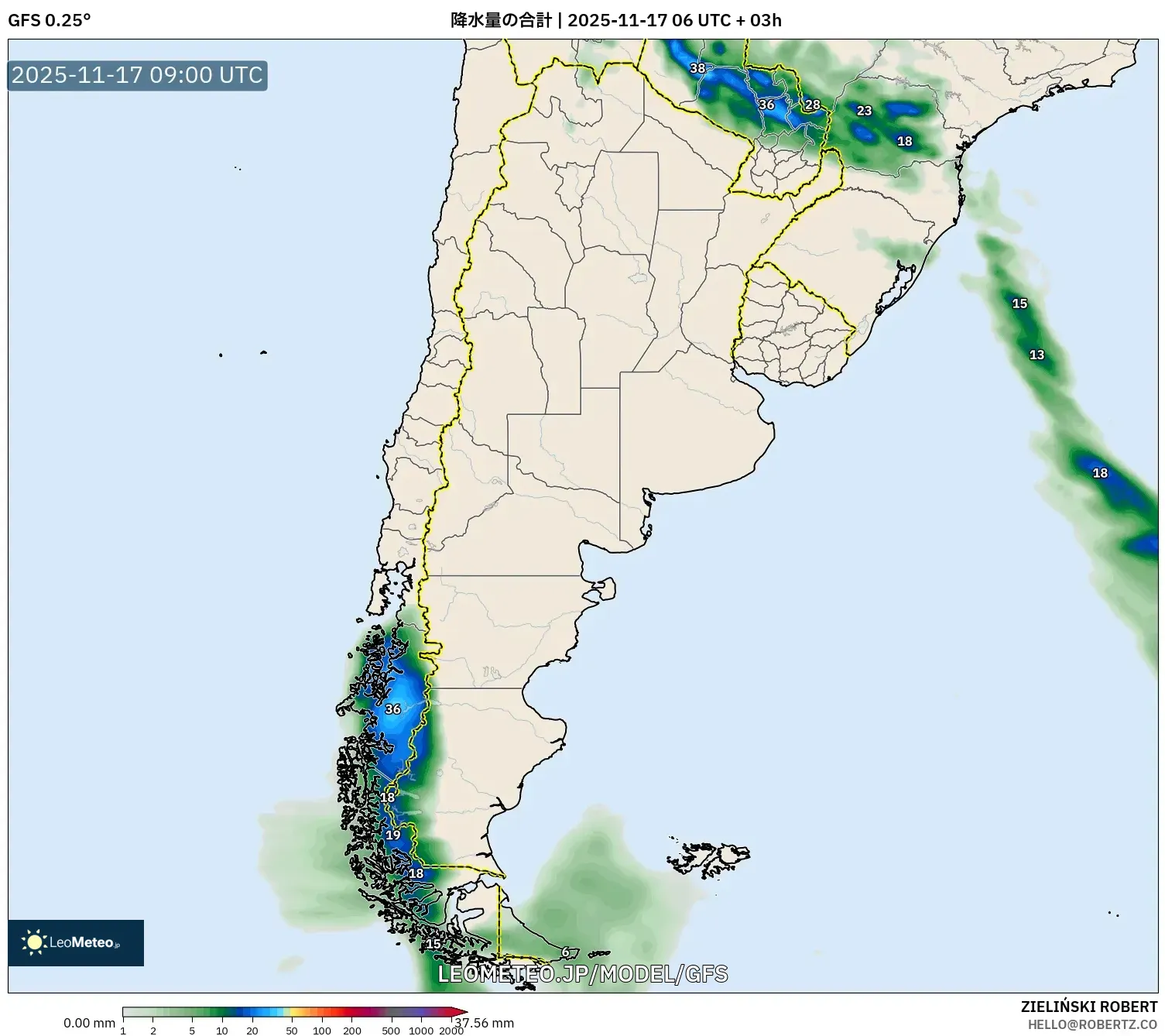 GFS model - アルゼンチン, 降水量の合計