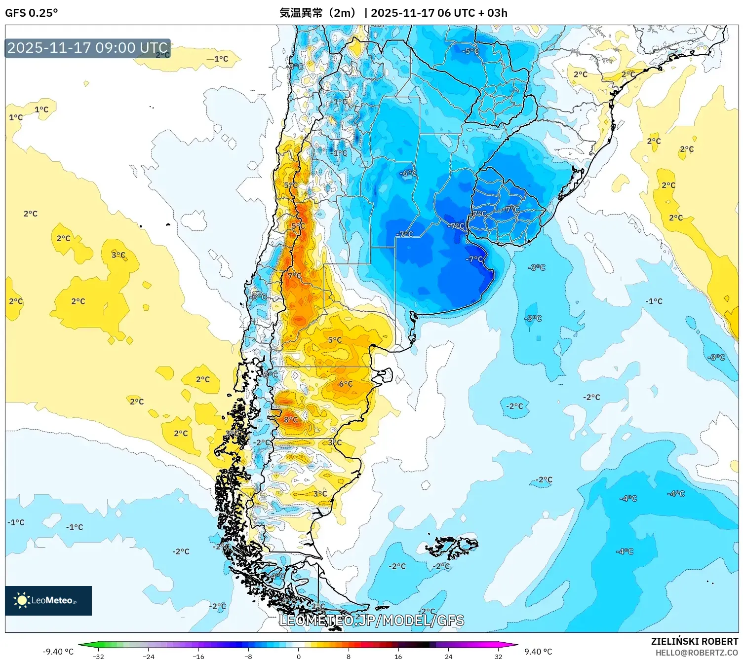 GFS model - アルゼンチン, 気温異常（2m）