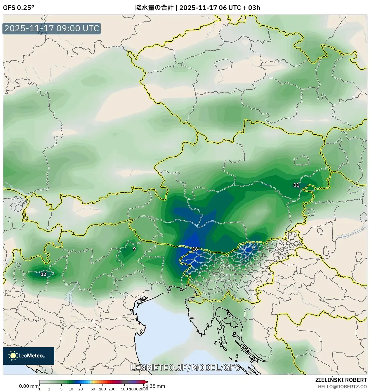 GFS model - オーストリア, 降水量の合計