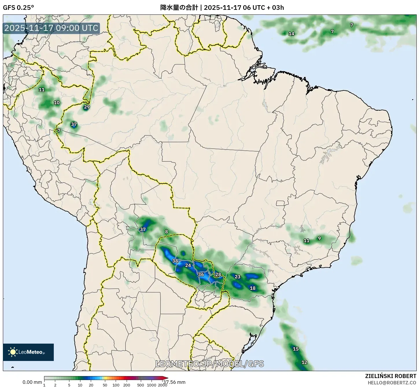 GFS model - ブラジル, 降水量の合計