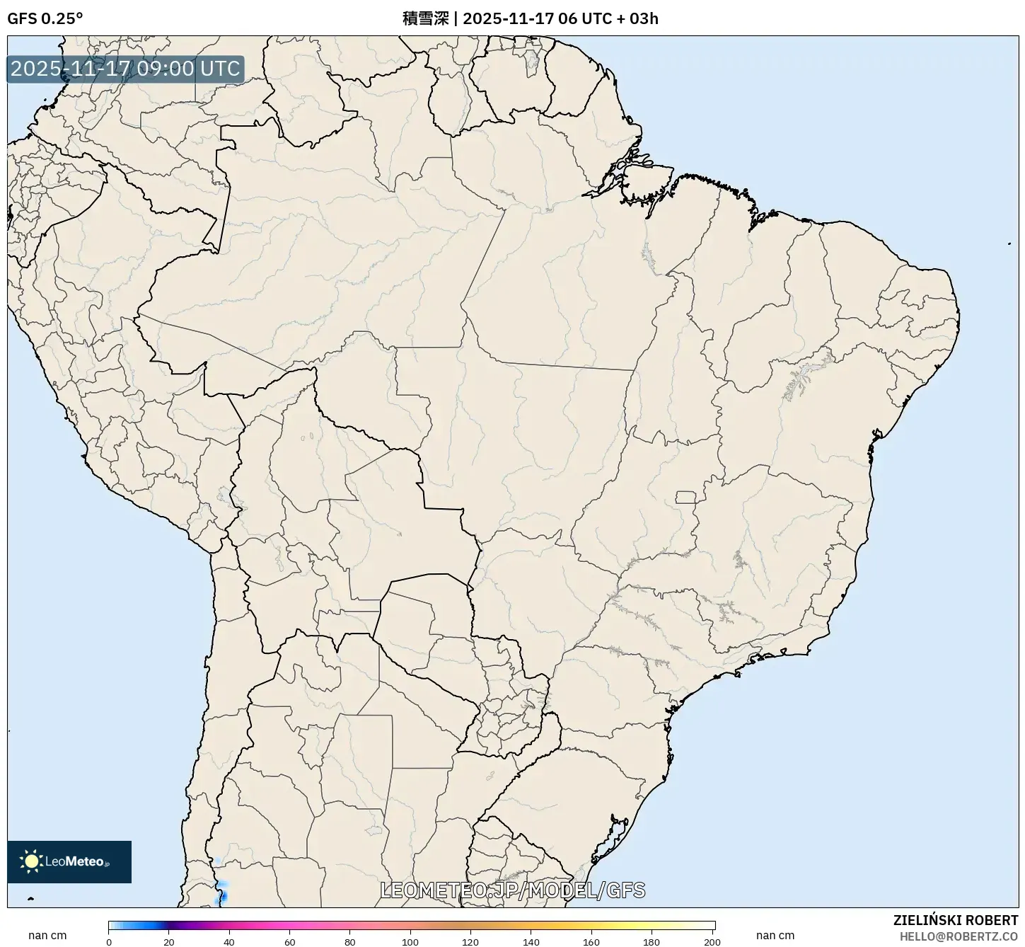 GFS model - ブラジル, 積雪深
