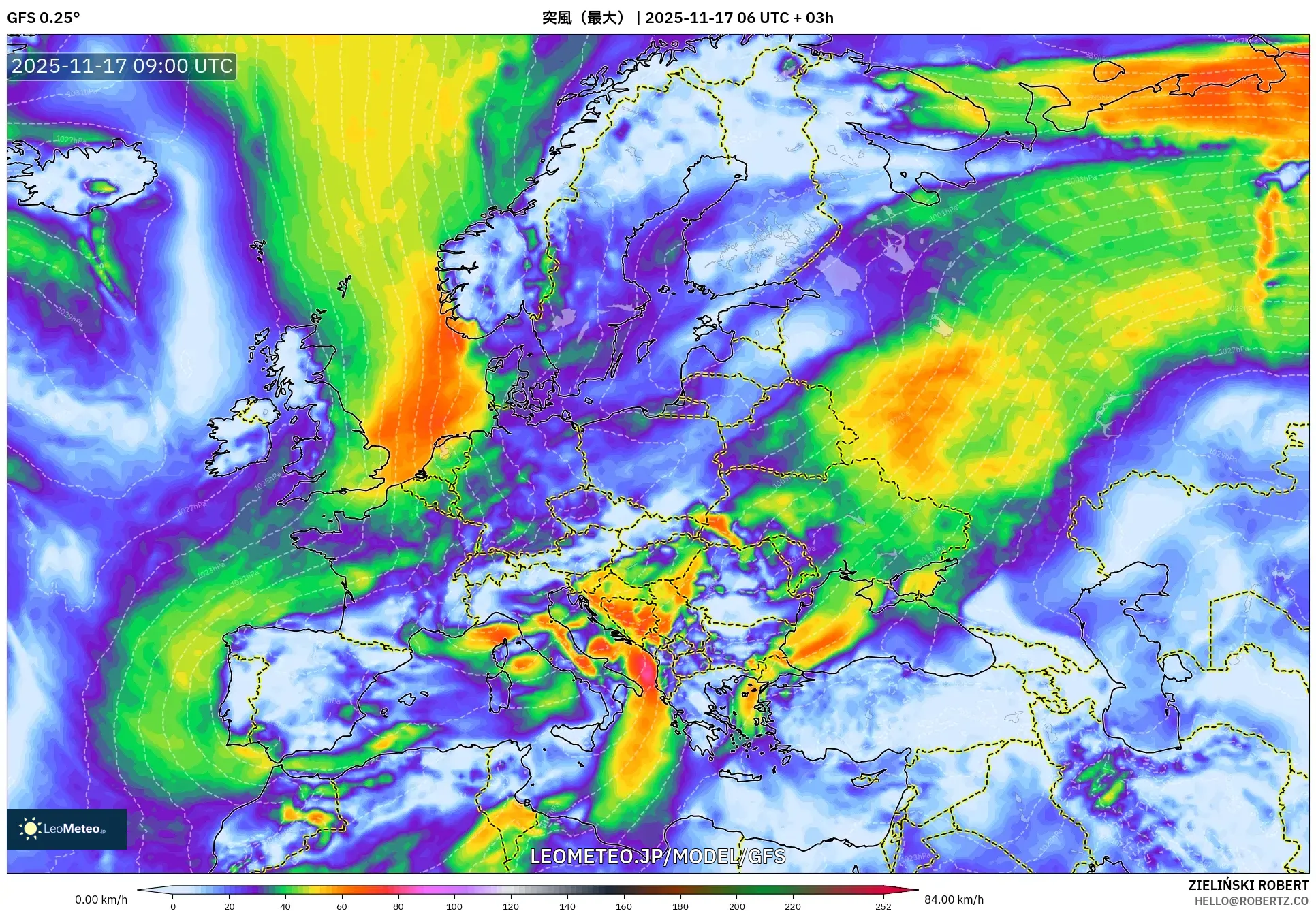 GFS model - ヨーロッパ, 突風（最大）