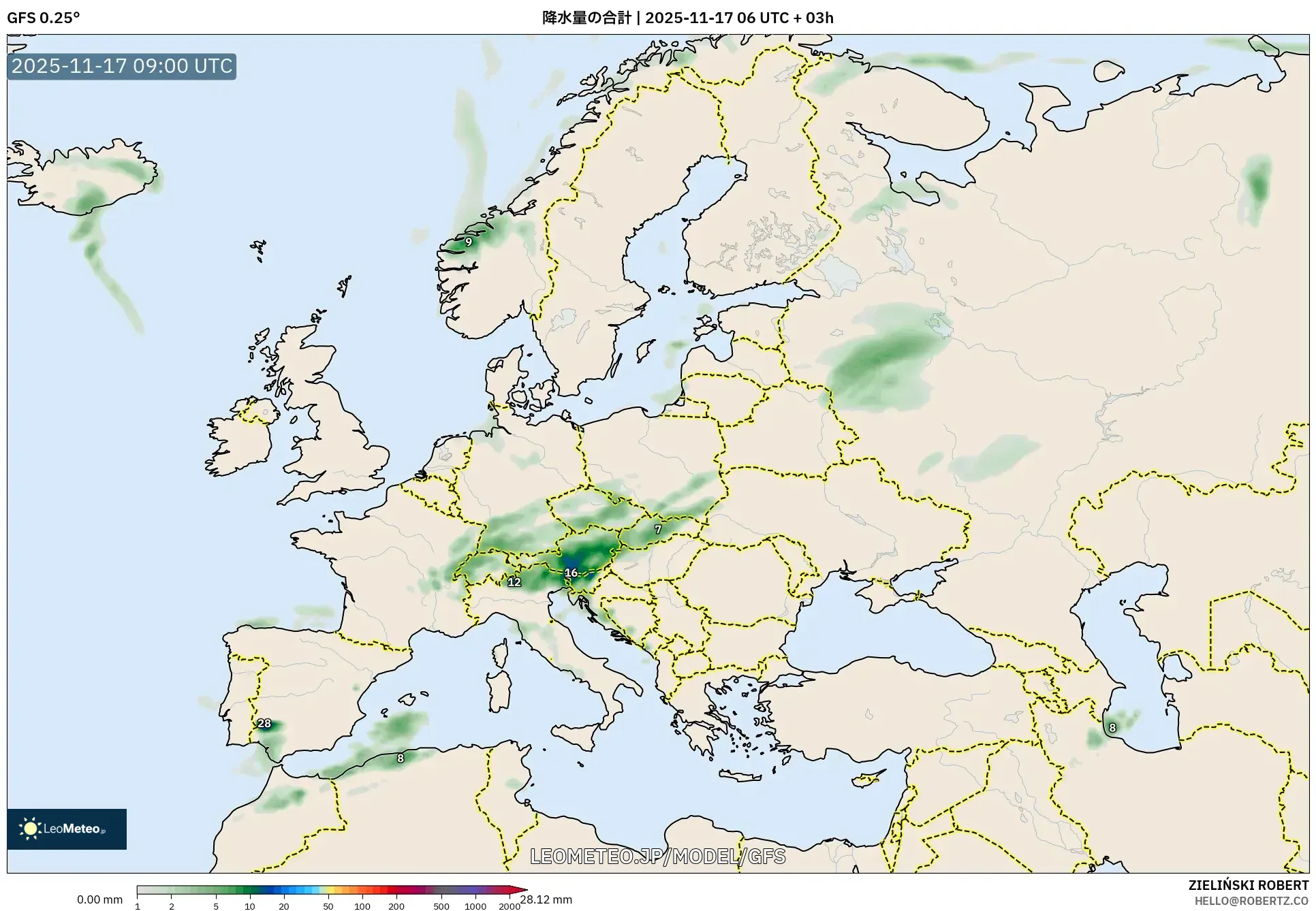 GFS model - ヨーロッパ, 降水量の合計