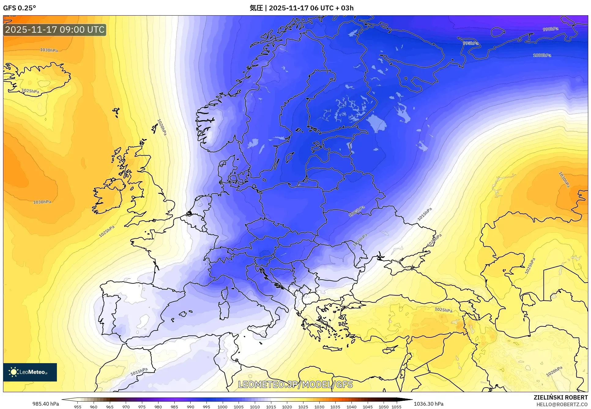 GFS model - ヨーロッパ, 気圧