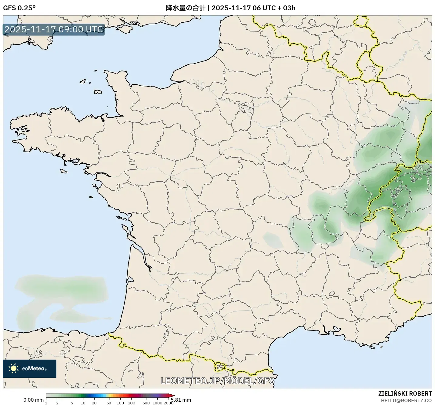 GFS model - フランス, 降水量の合計