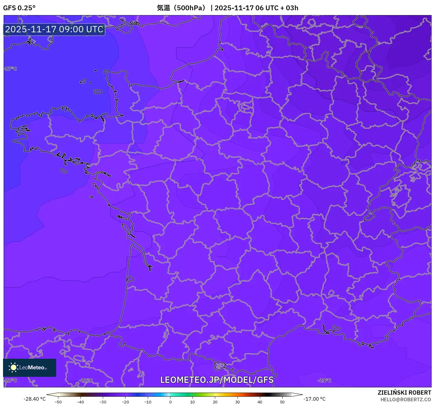 GFS model - フランス, 気温（500hPa）
