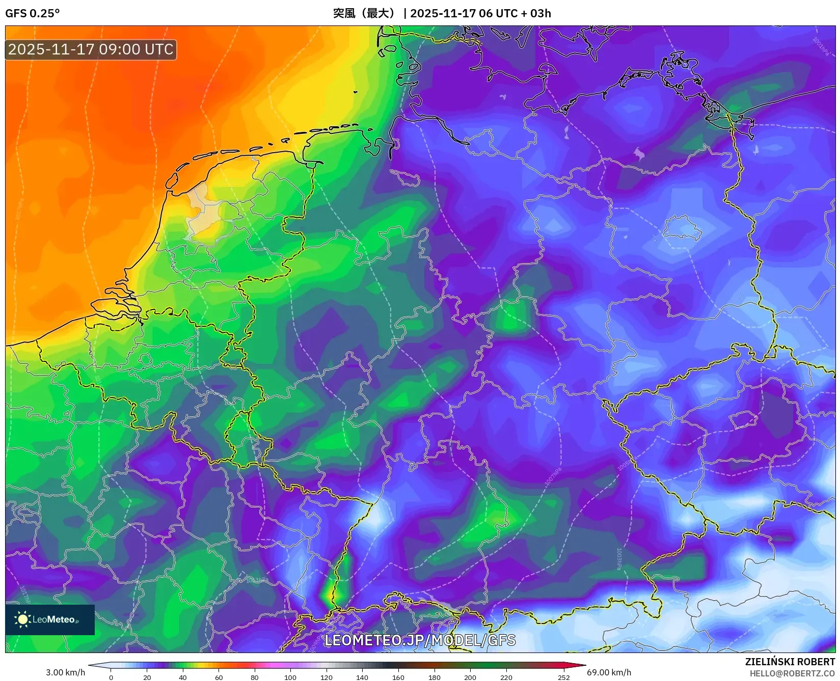 GFS model - ドイツ, 突風（最大）
