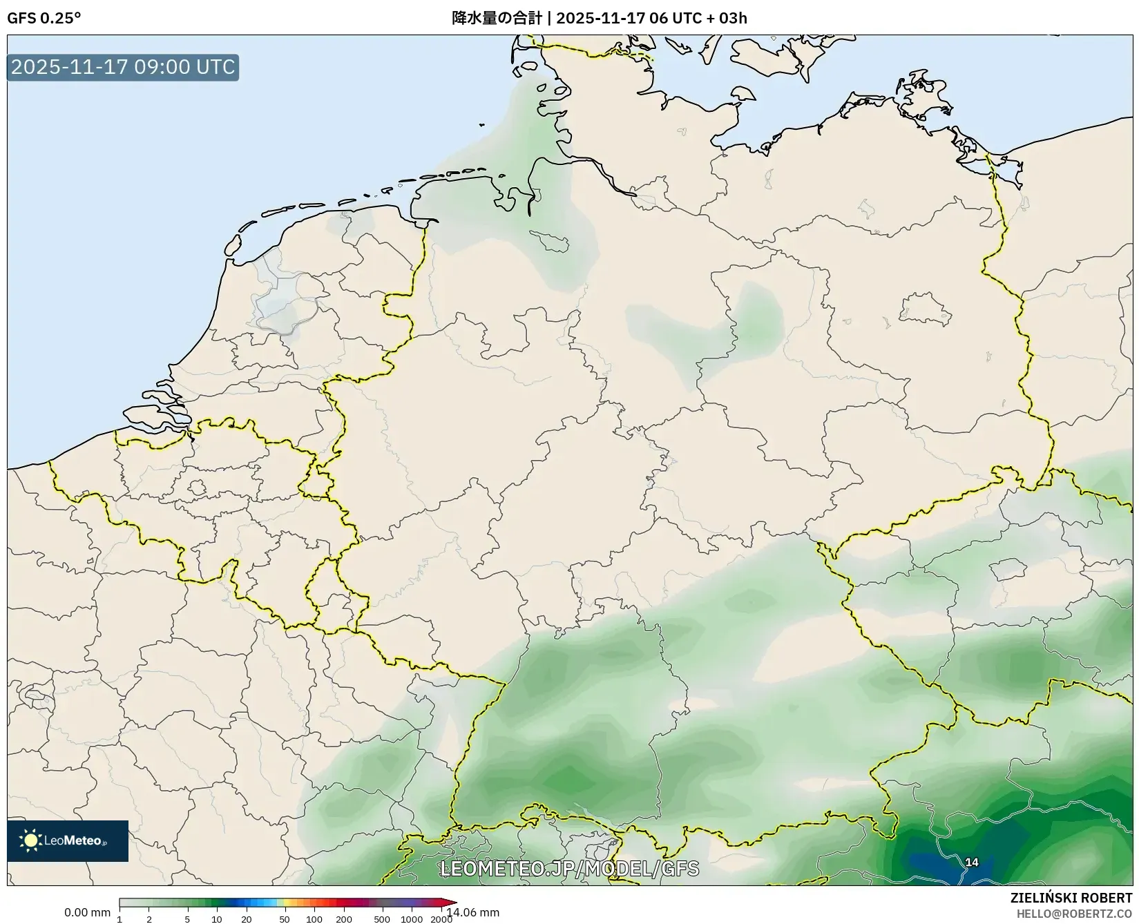 GFS model - ドイツ, 降水量の合計