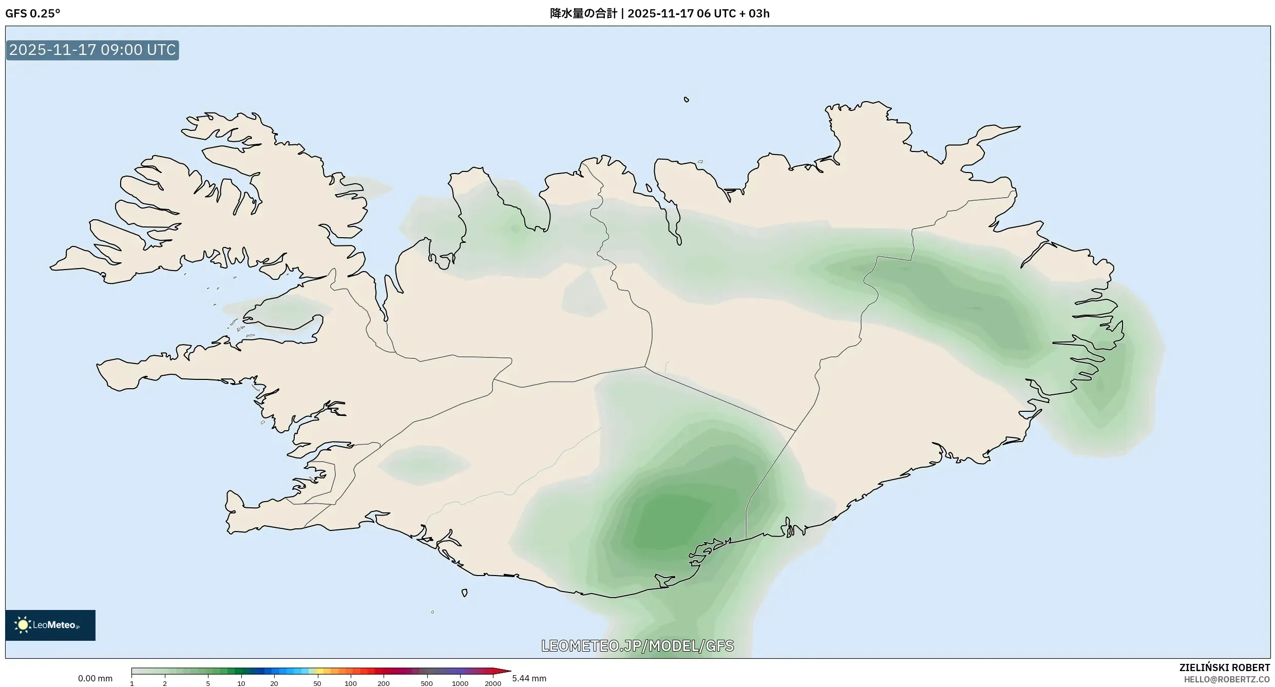 GFS model - アイスランド, 降水量の合計