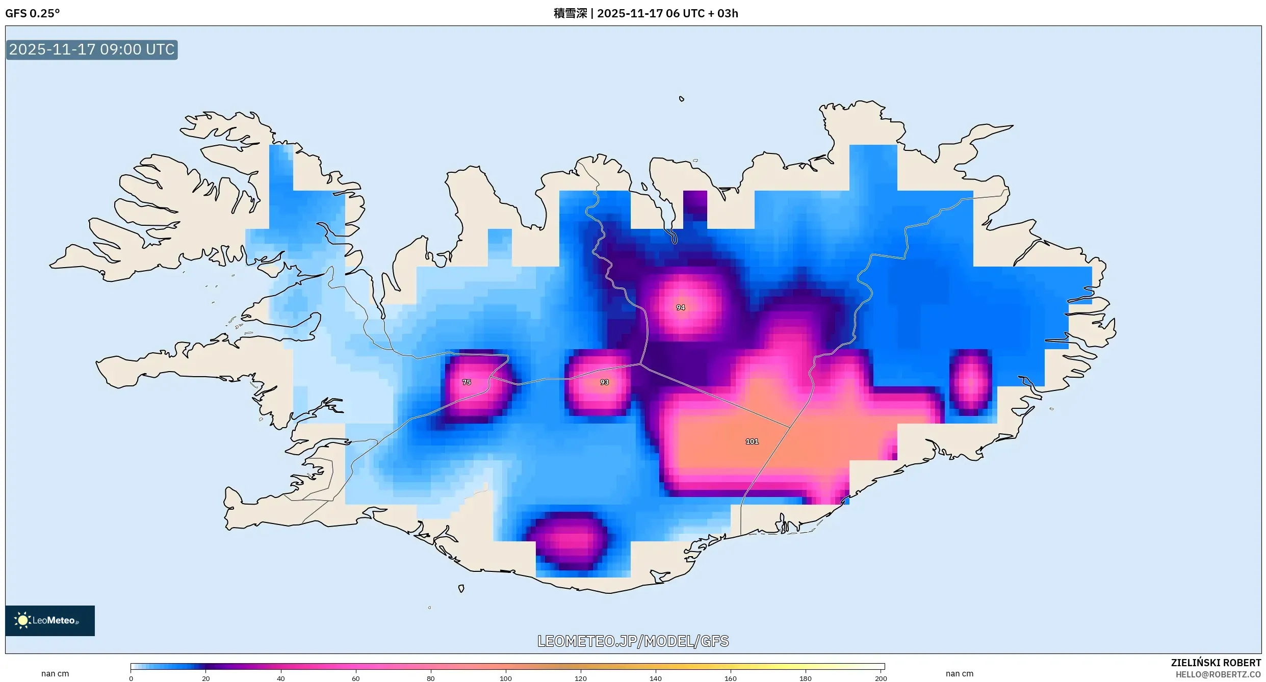 GFS model - アイスランド, 積雪深