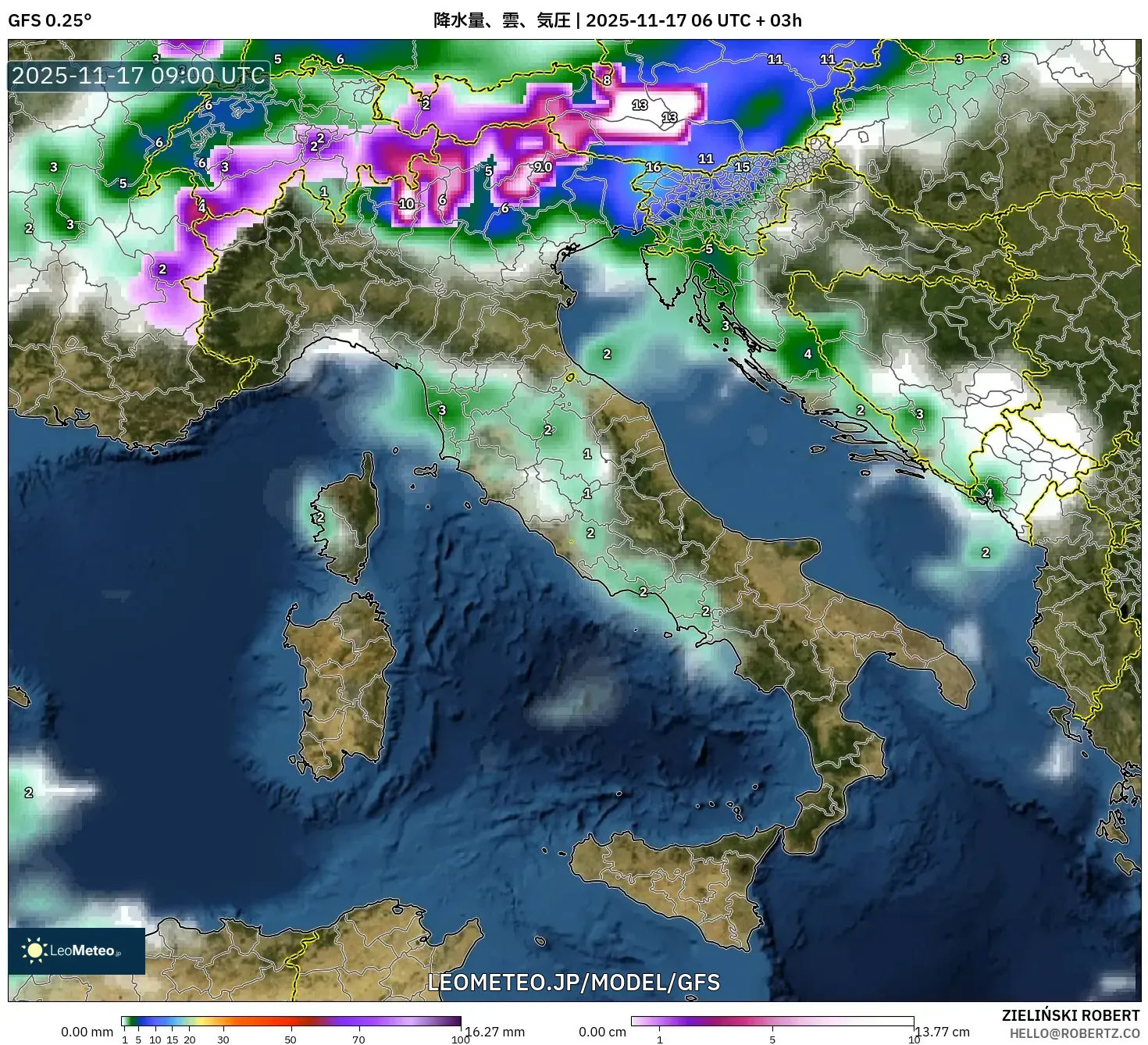 GFS model - イタリア, 降水量、雲、気圧