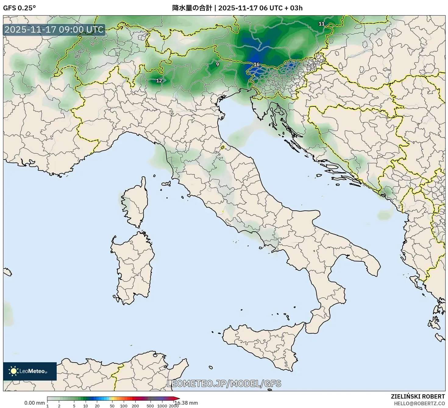 GFS model - イタリア, 降水量の合計