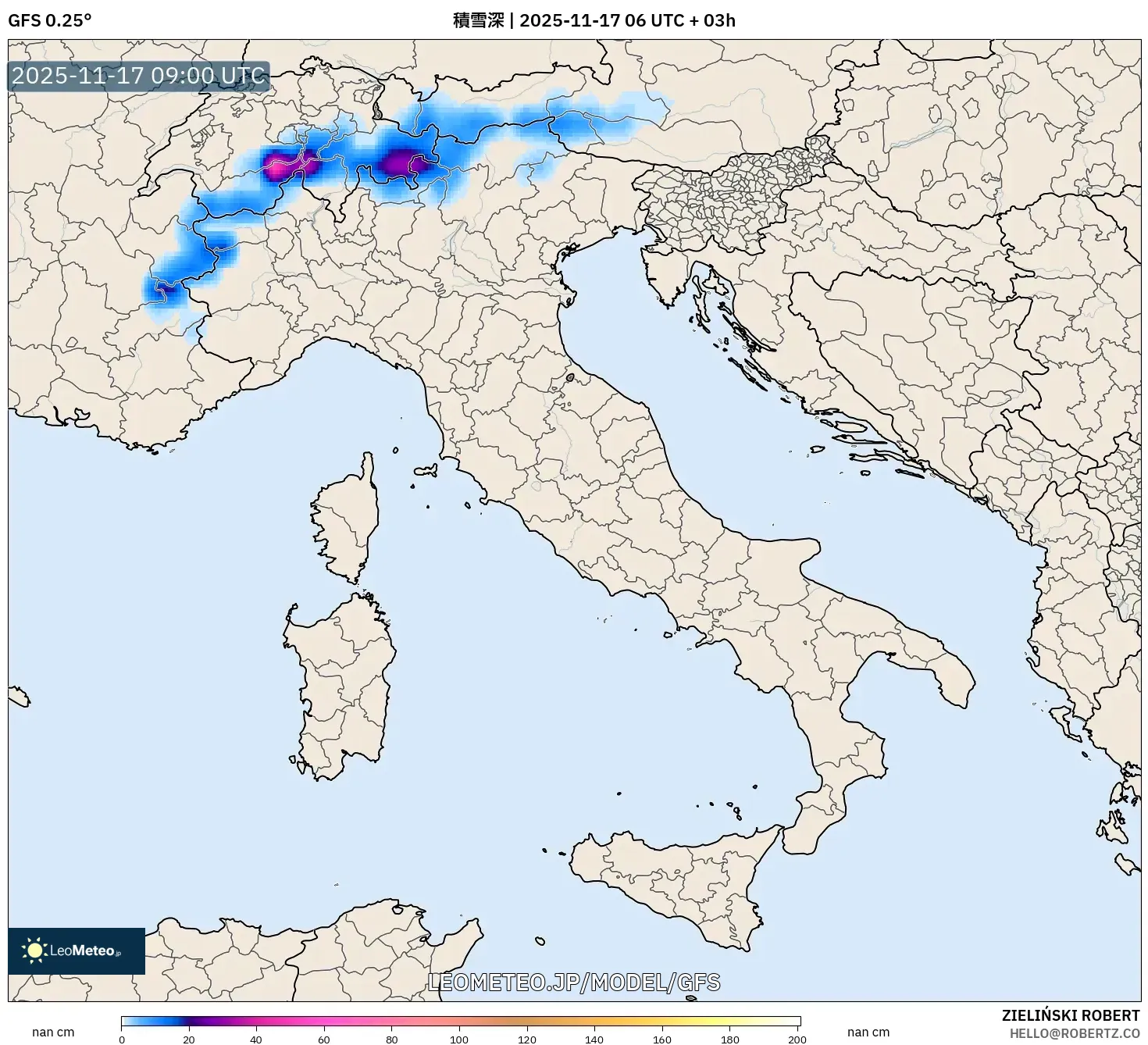 GFS model - イタリア, 積雪深