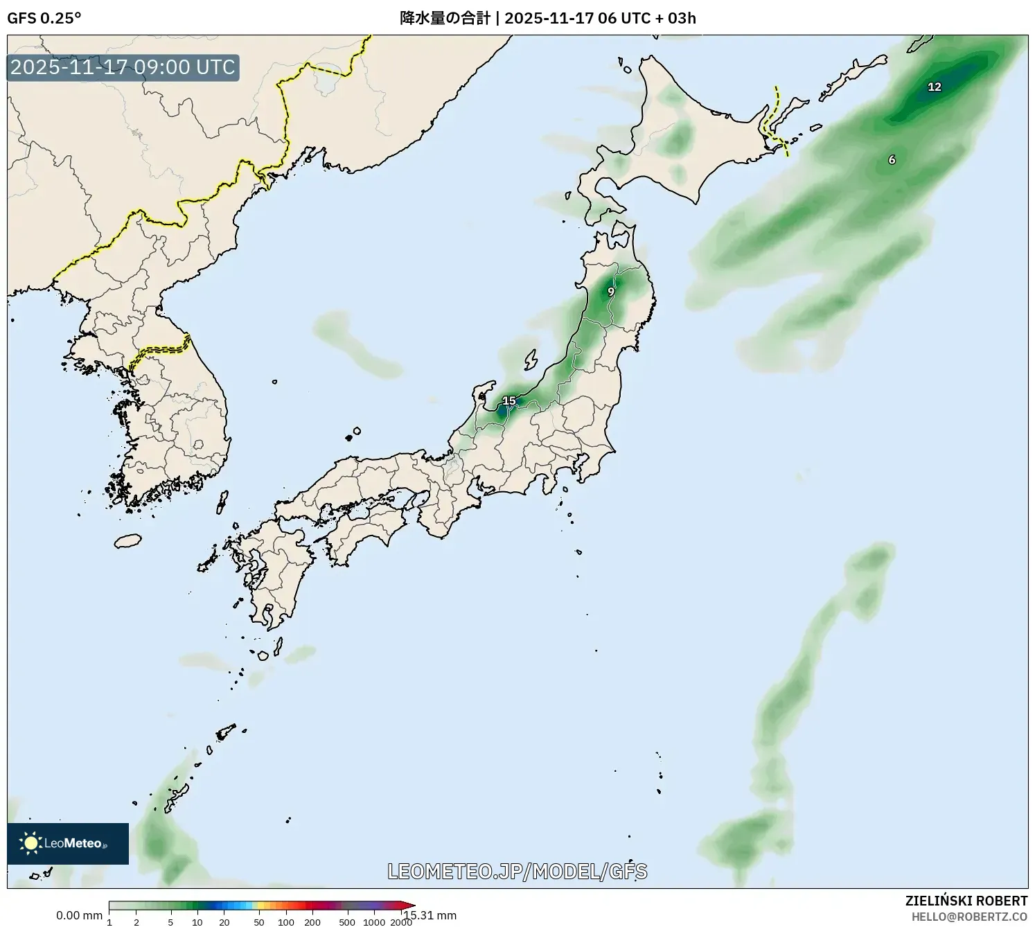 GFS model - 日本, 降水量の合計