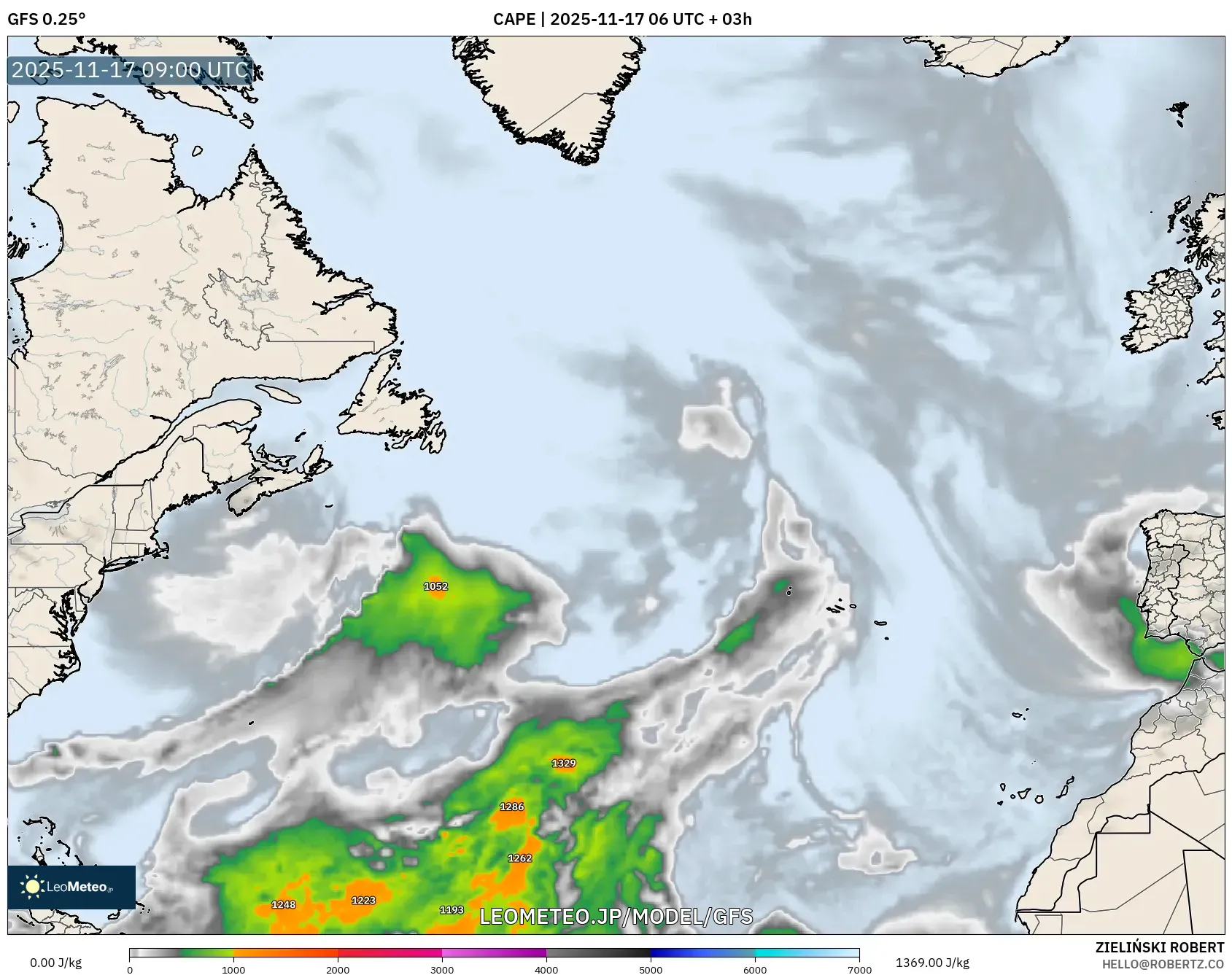 GFS model - 北大西洋, CAPE