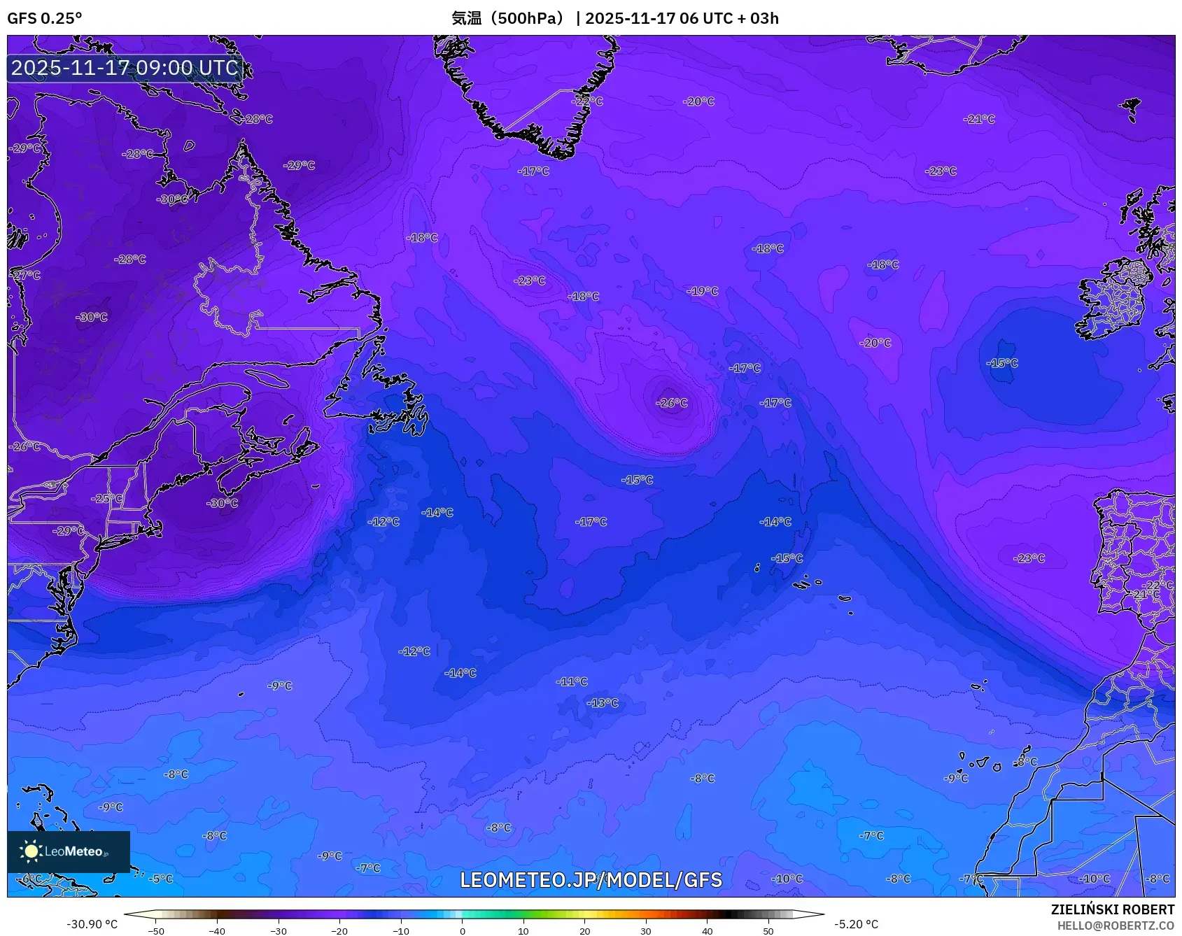 GFS model - 北大西洋, 気温（500hPa）