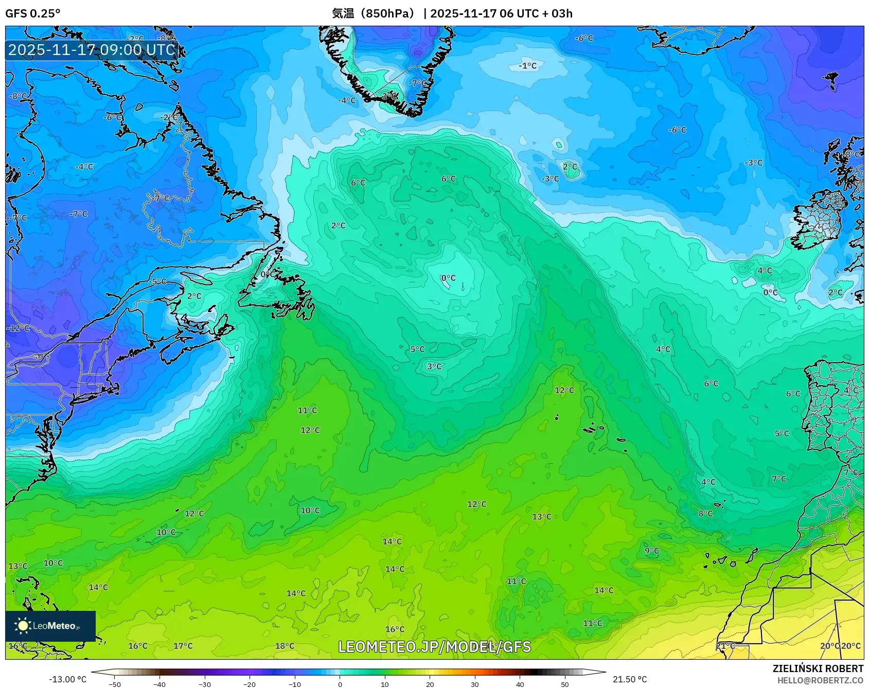 GFS model - 北大西洋, 気温（850hPa）