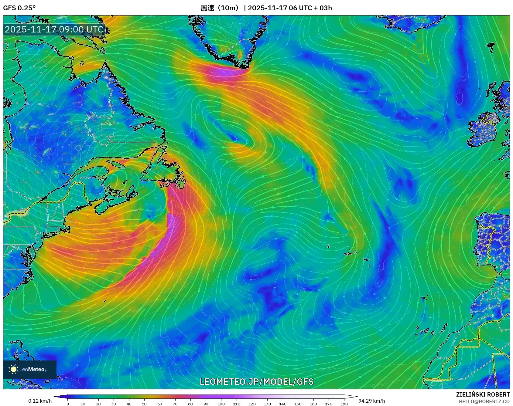 GFS model - 北大西洋, 風速（10m）