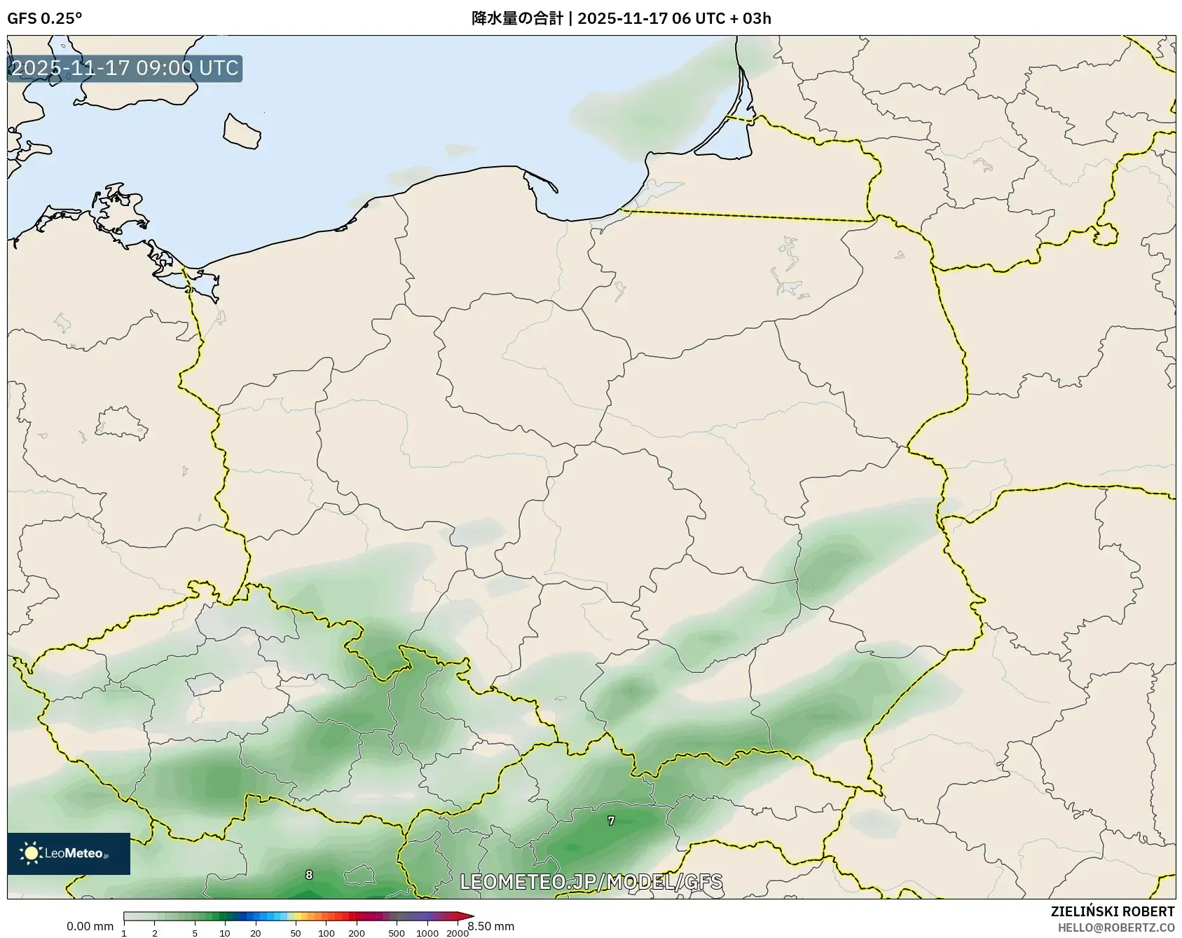 GFS model - ポーランド, 降水量の合計