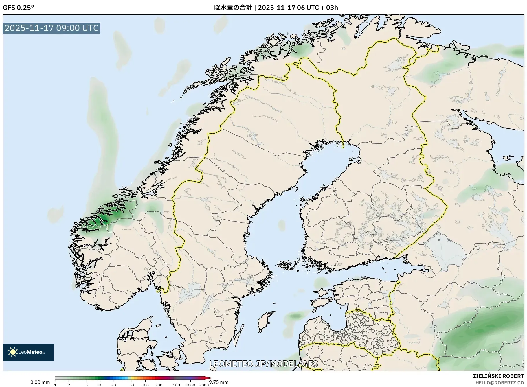 GFS model - スカンジナビア, 降水量の合計
