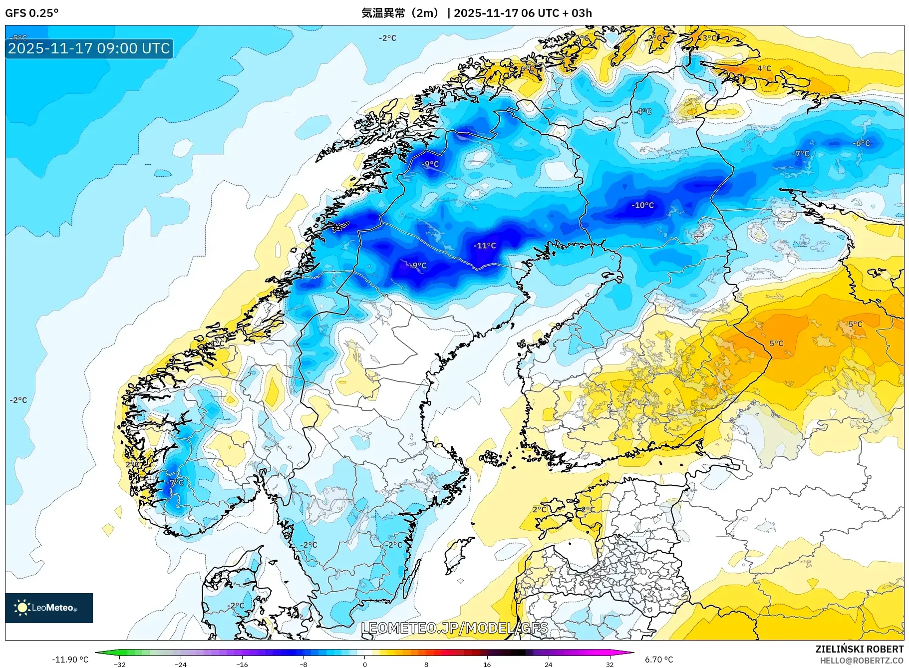 GFS model - スカンジナビア, 気温異常（2m）