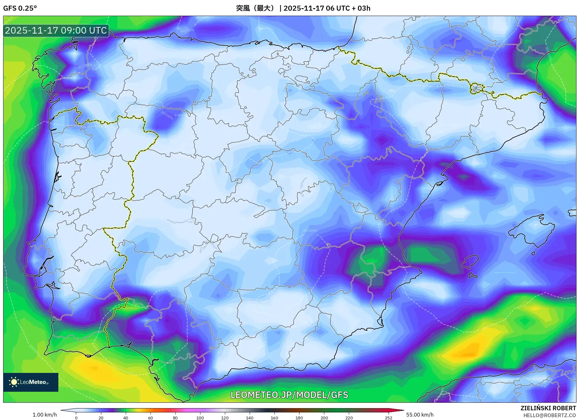 GFS model - スペイン, 突風（最大）