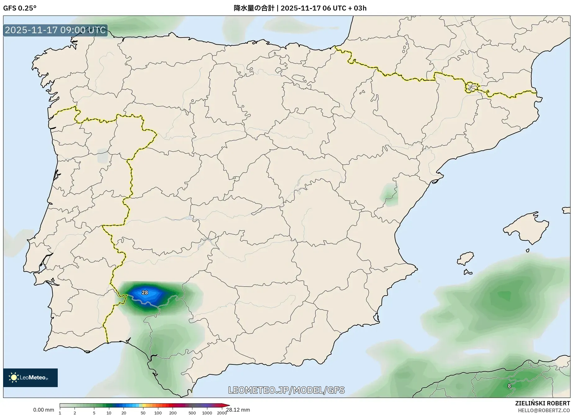 GFS model - スペイン, 降水量の合計