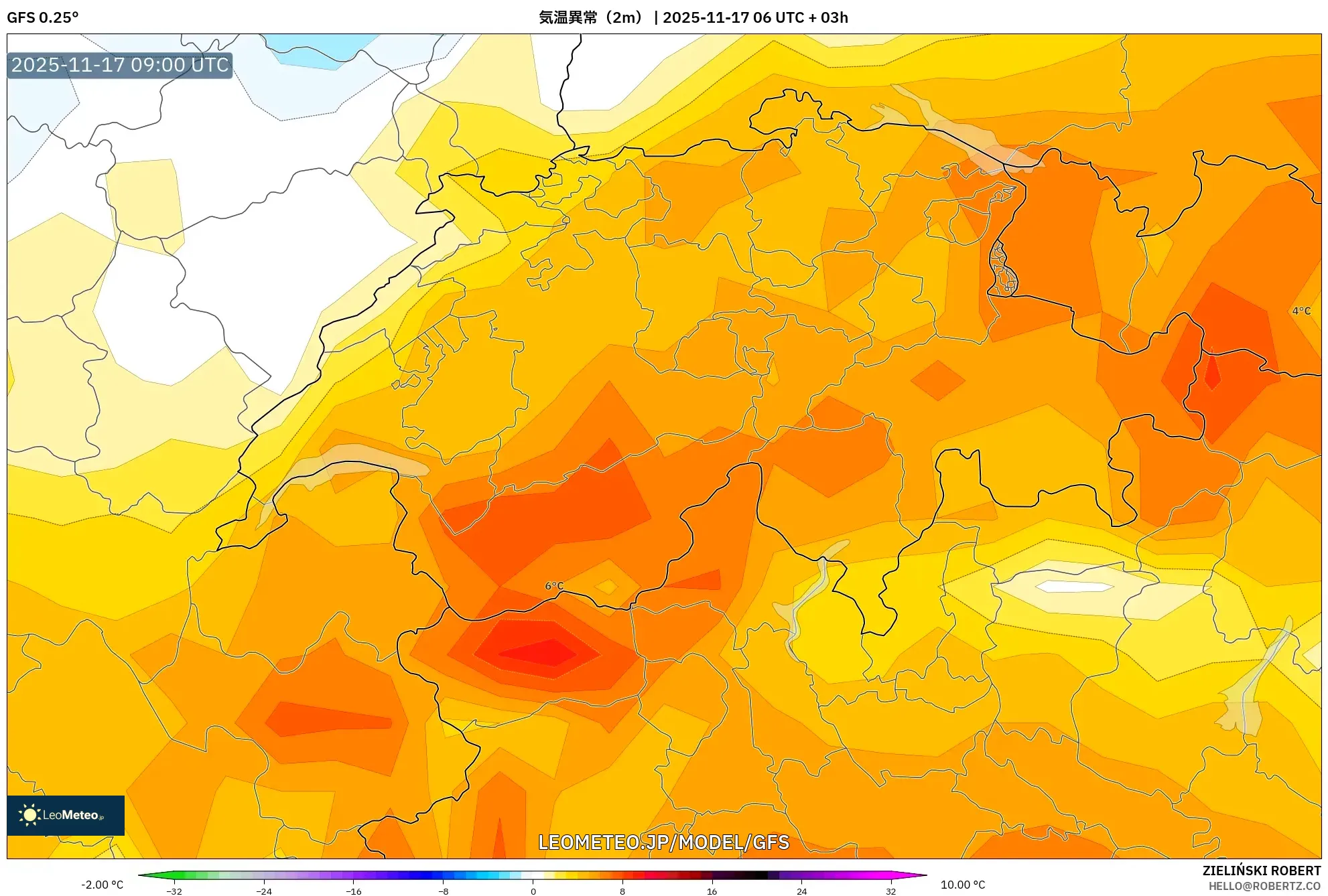 GFS model - スイス, 気温異常（2m）