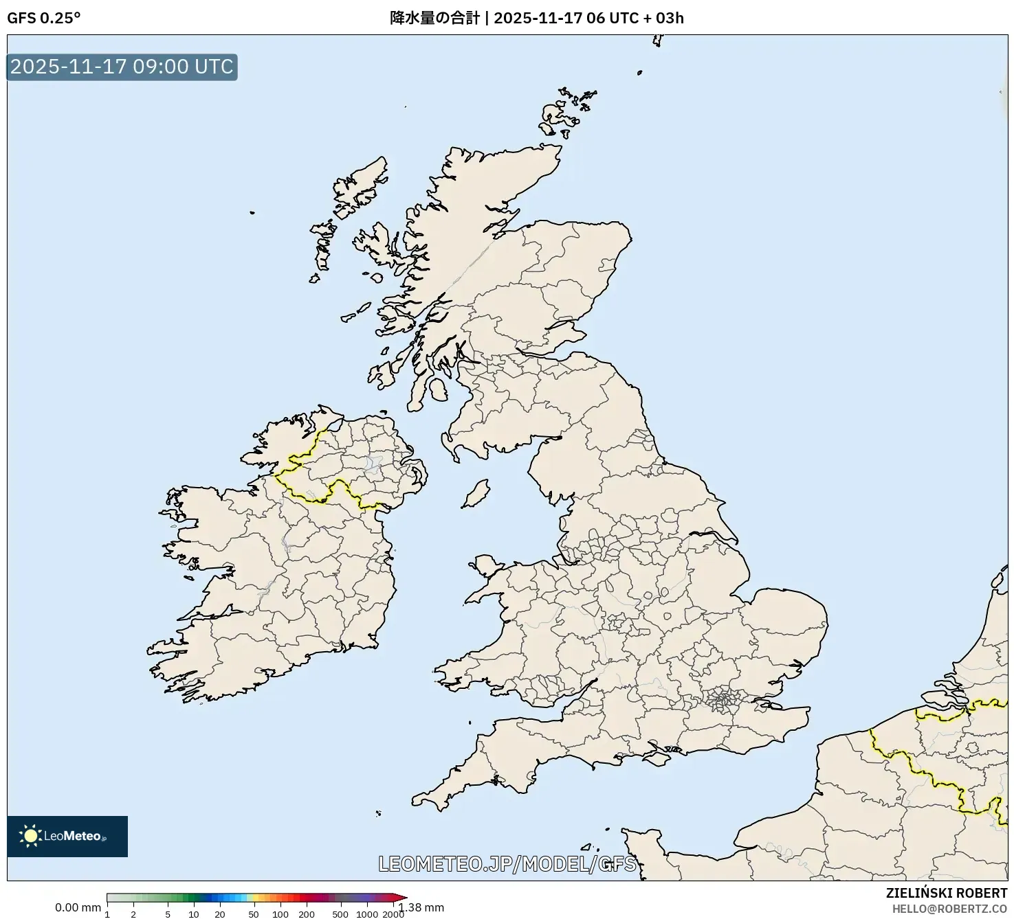 GFS model - イギリス, 降水量の合計
