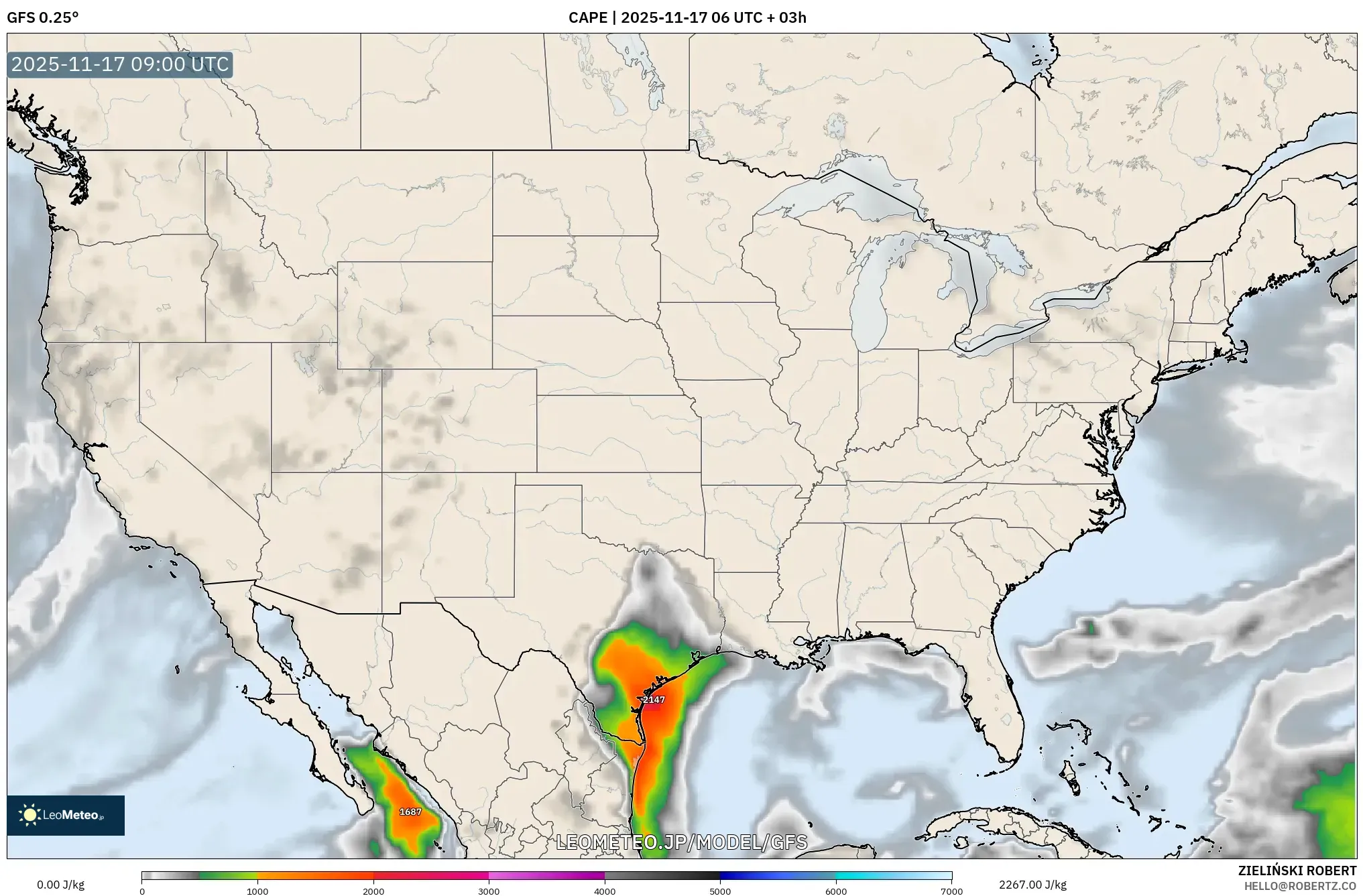 GFS model - アメリカ合衆国, CAPE