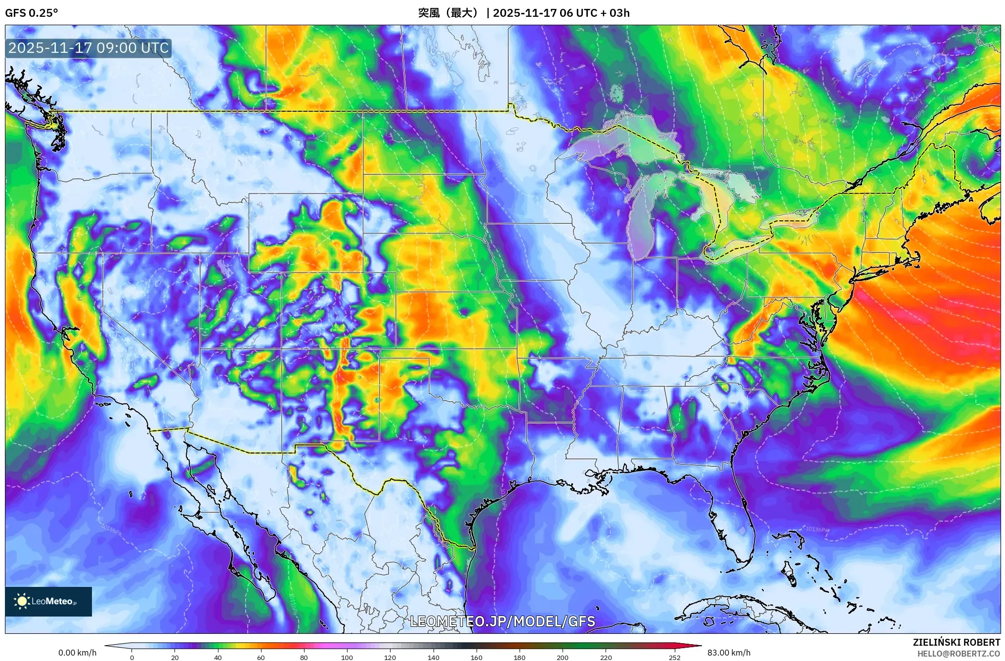 GFS model - アメリカ合衆国, 突風（最大）