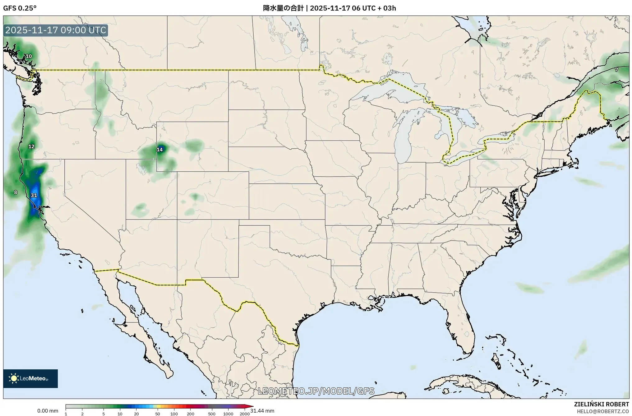 GFS model - アメリカ合衆国, 降水量の合計