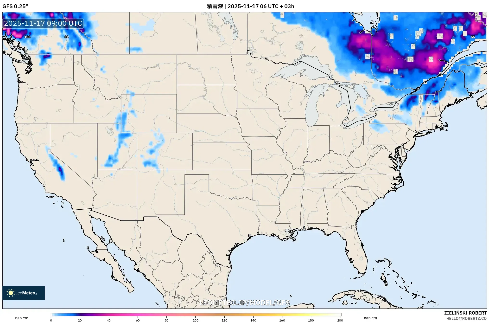 GFS model - アメリカ合衆国, 積雪深