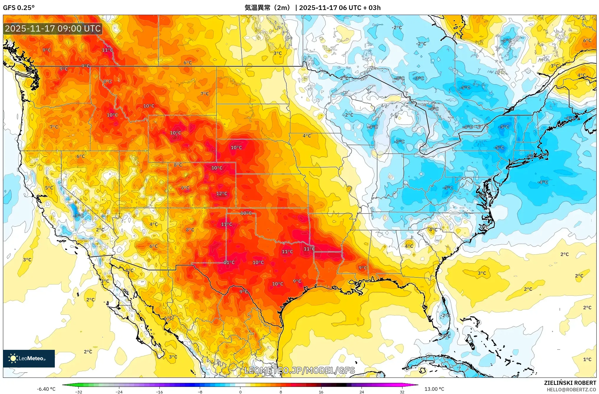 GFS model - アメリカ合衆国, 気温異常（2m）