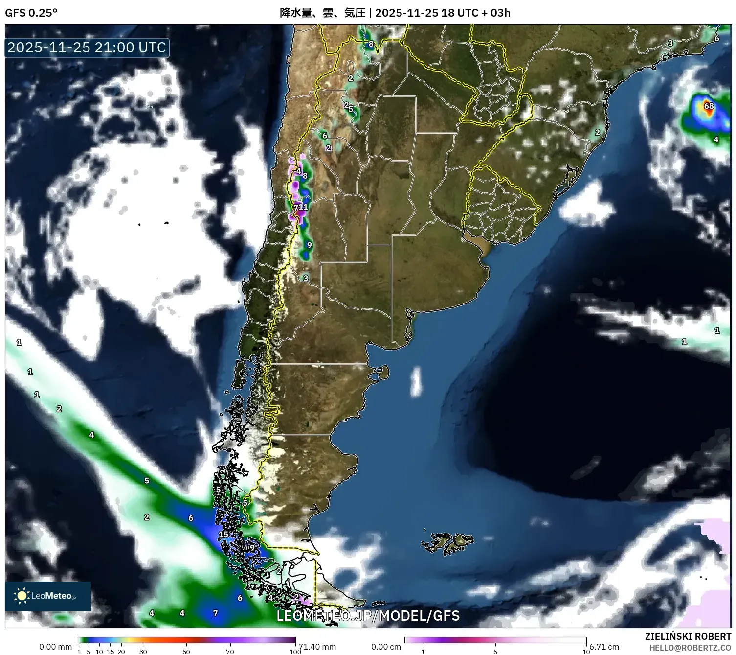 GFS model - アルゼンチン, 降水量、雲、気圧