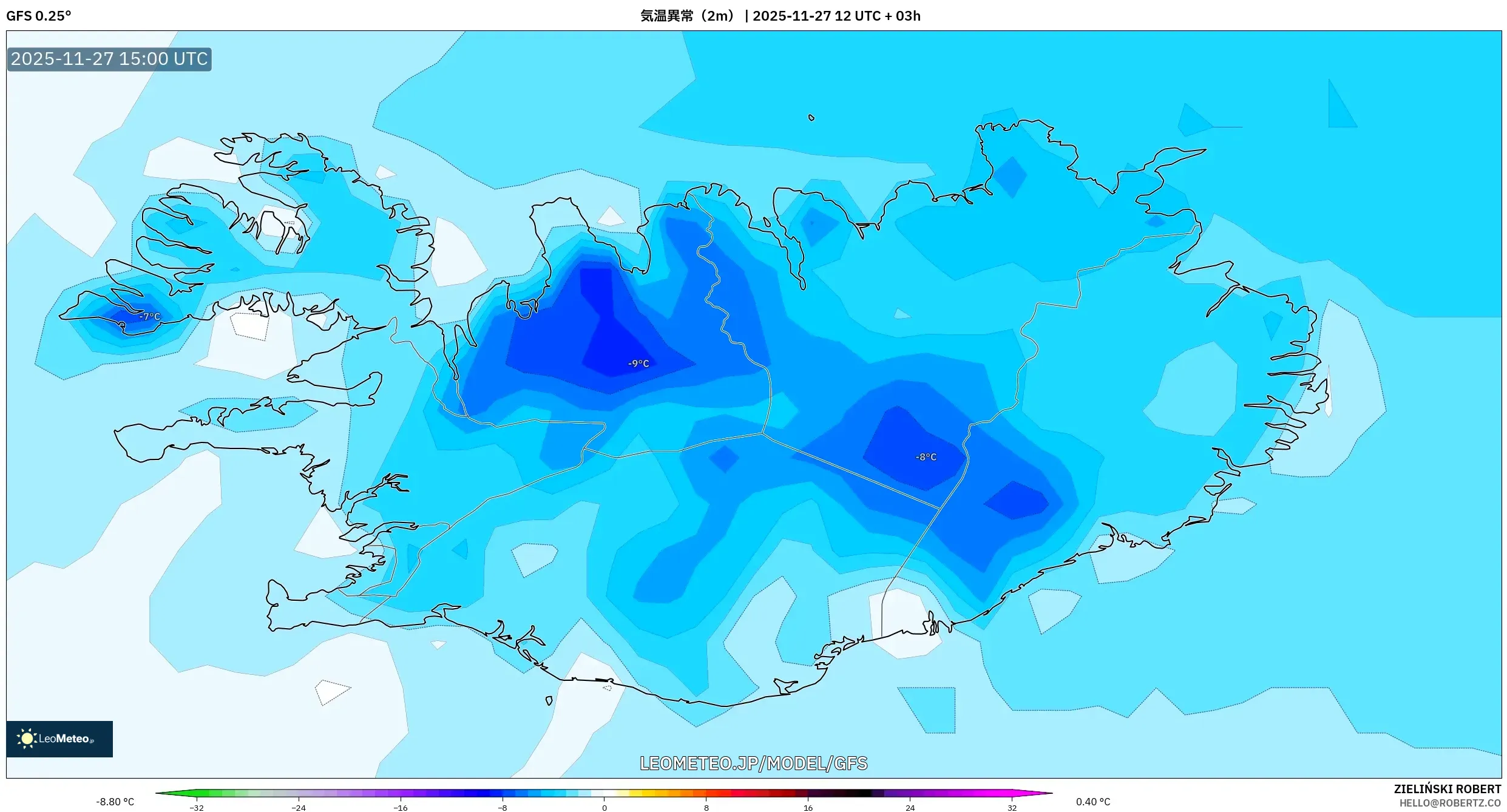 GFS model - アイスランド, 気温異常（2m）