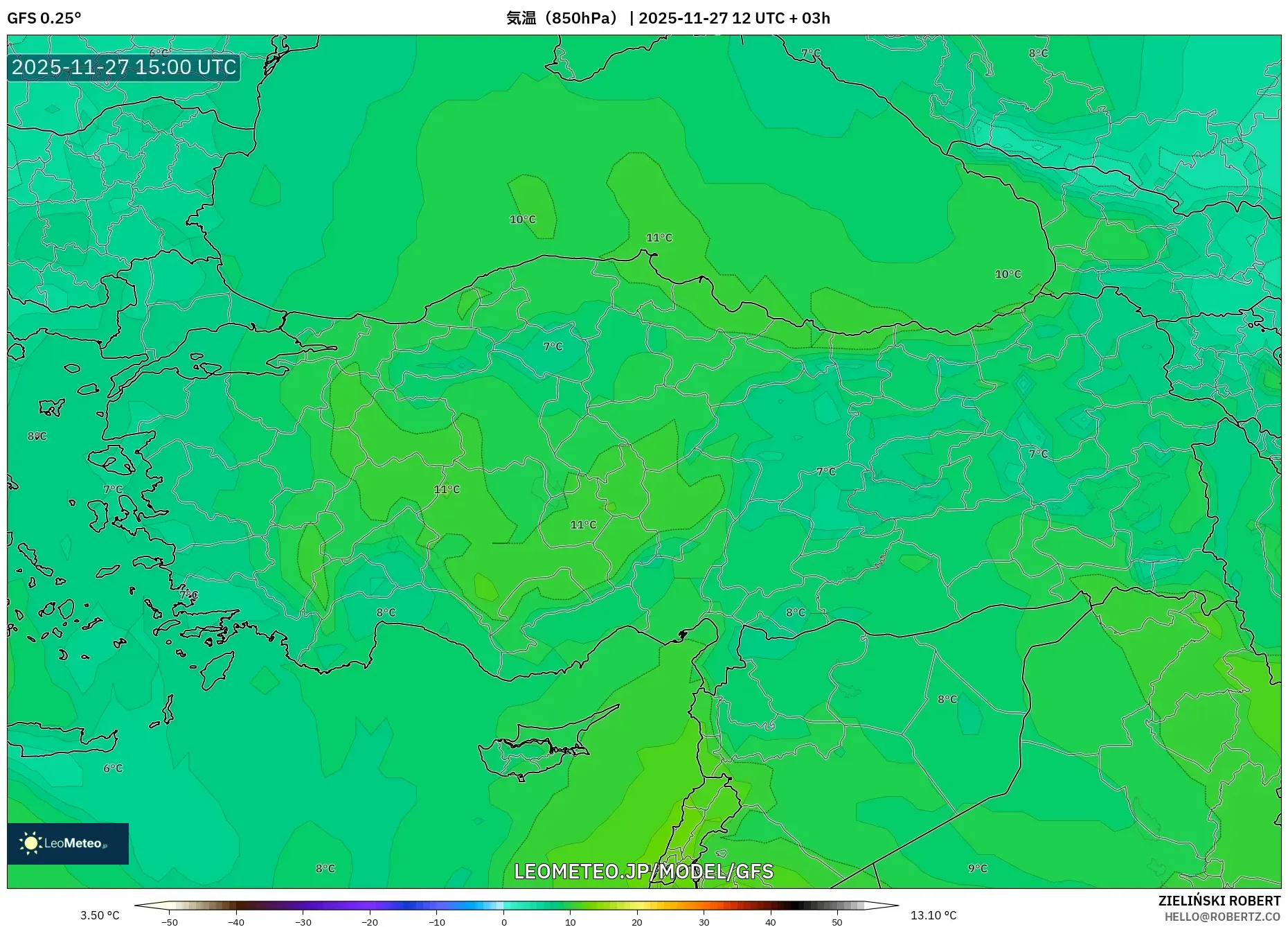 GFS model - トルコ, 気温（850hPa）