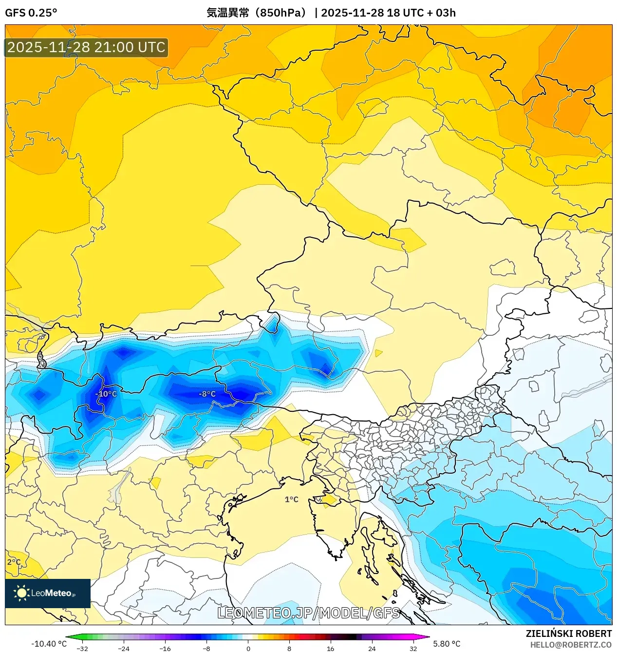 GFS model - オーストリア, 気温異常（850hPa）
