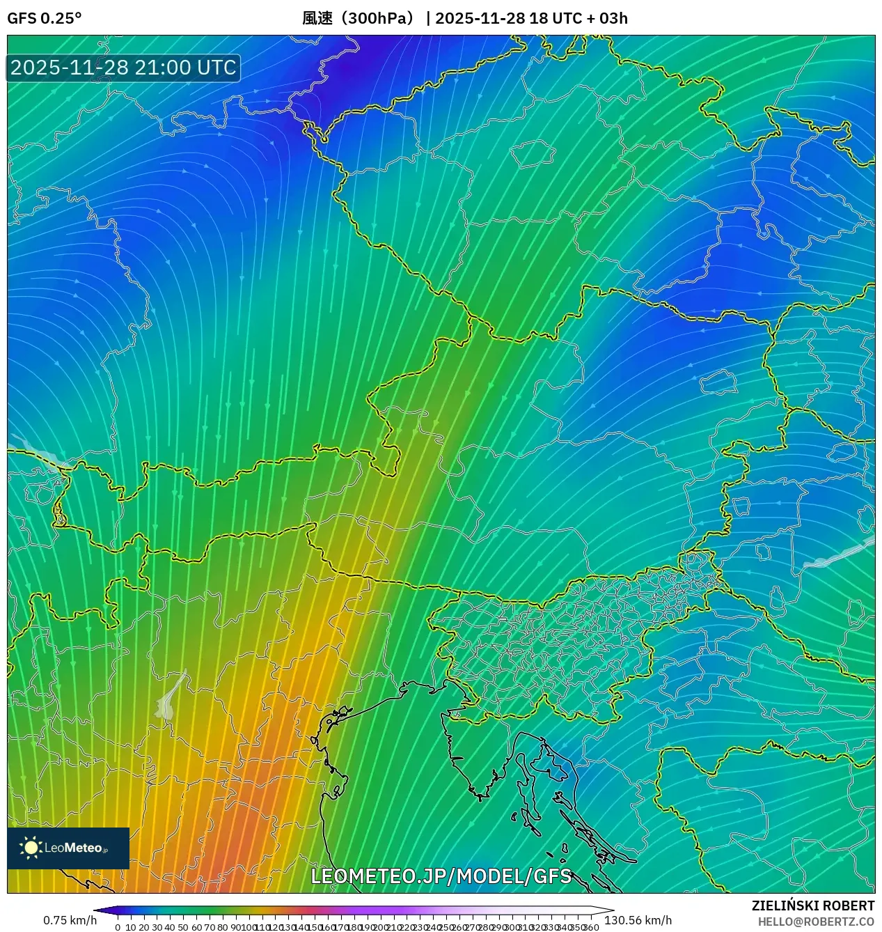 GFS model - オーストリア, 風速（300hPa）