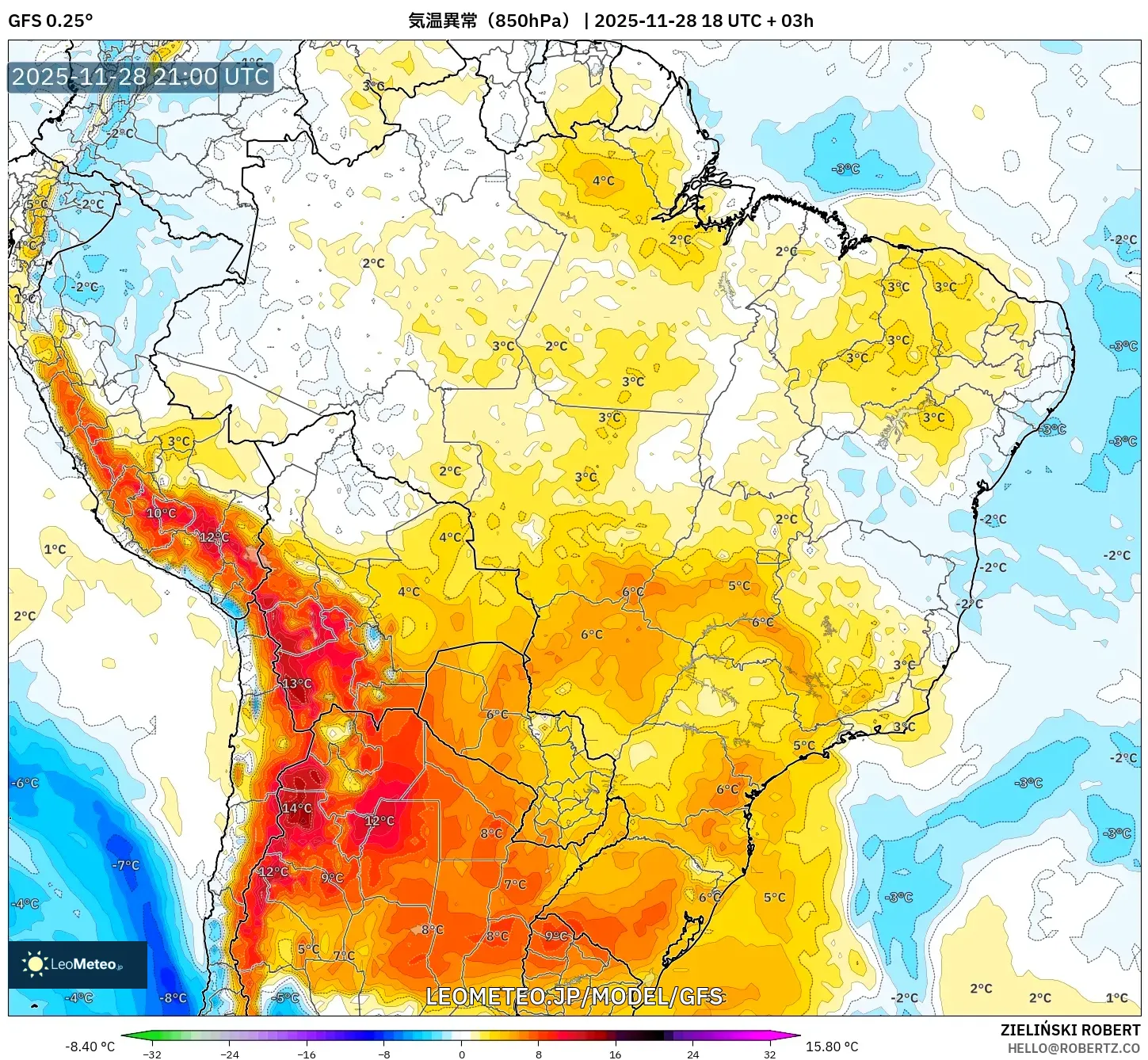 GFS model - ブラジル, 気温異常（850hPa）