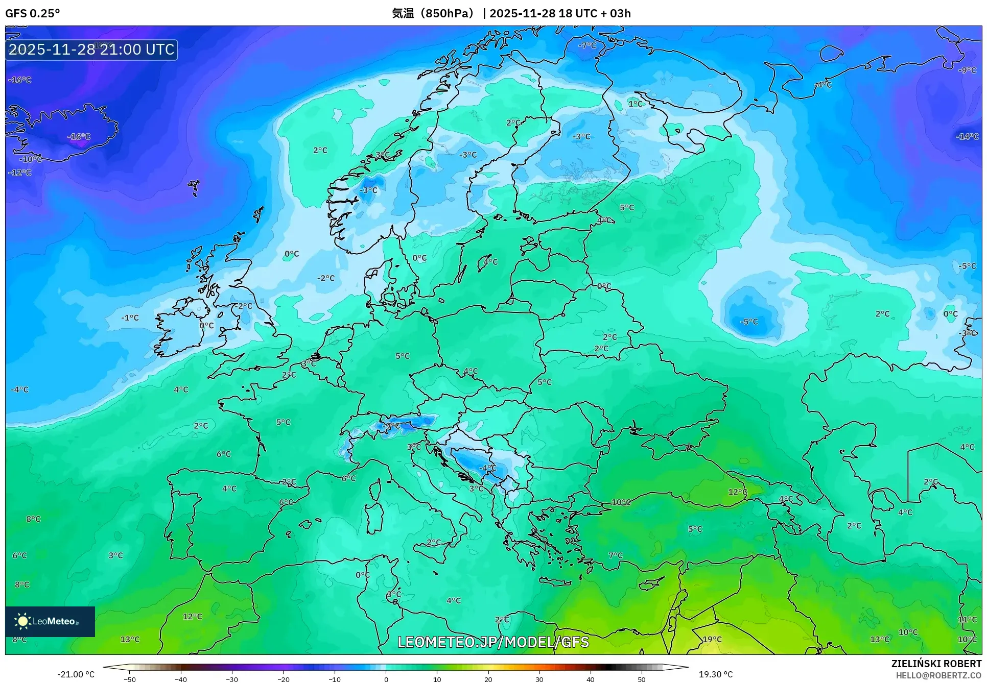 GFS model - ヨーロッパ, 気温（850hPa）